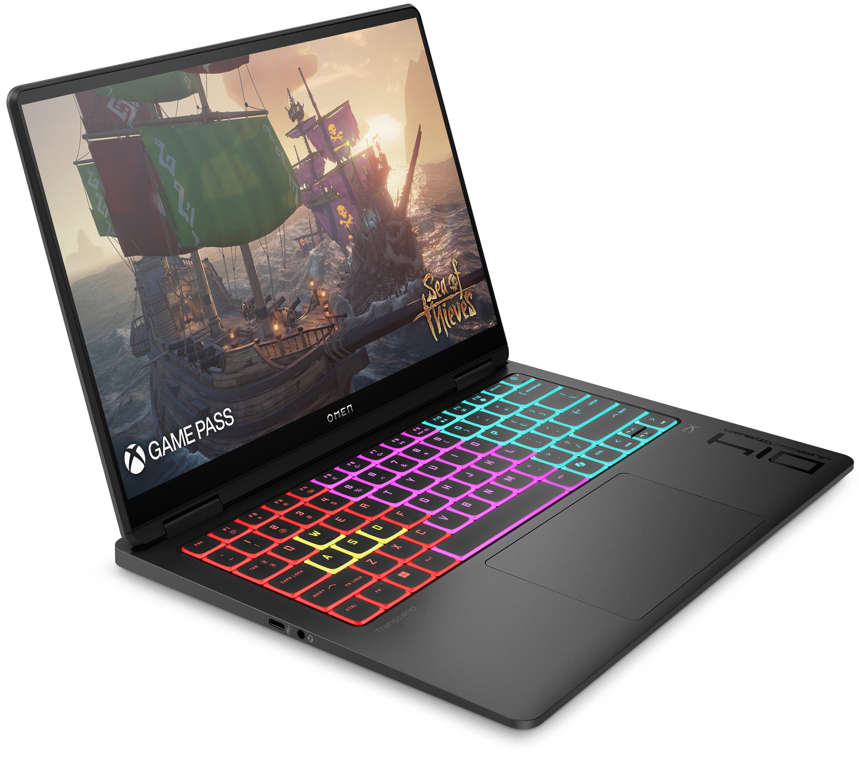 Ein Laptop zeigt das Spiel 'Sea of Thieves' mit bunten Tasten.