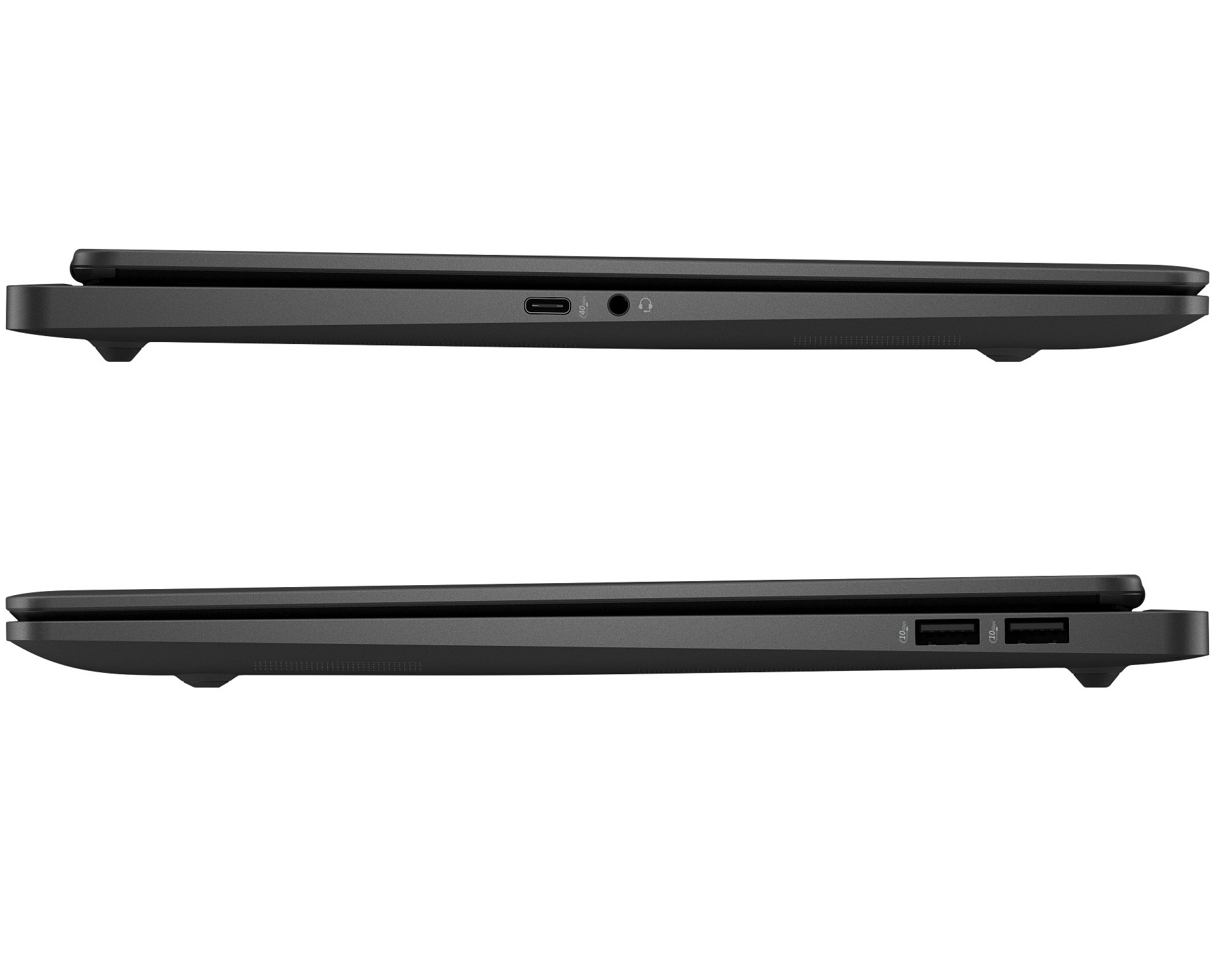 Seitenansicht eines geschlossenen schwarzen Laptops mit Anschlüssen.