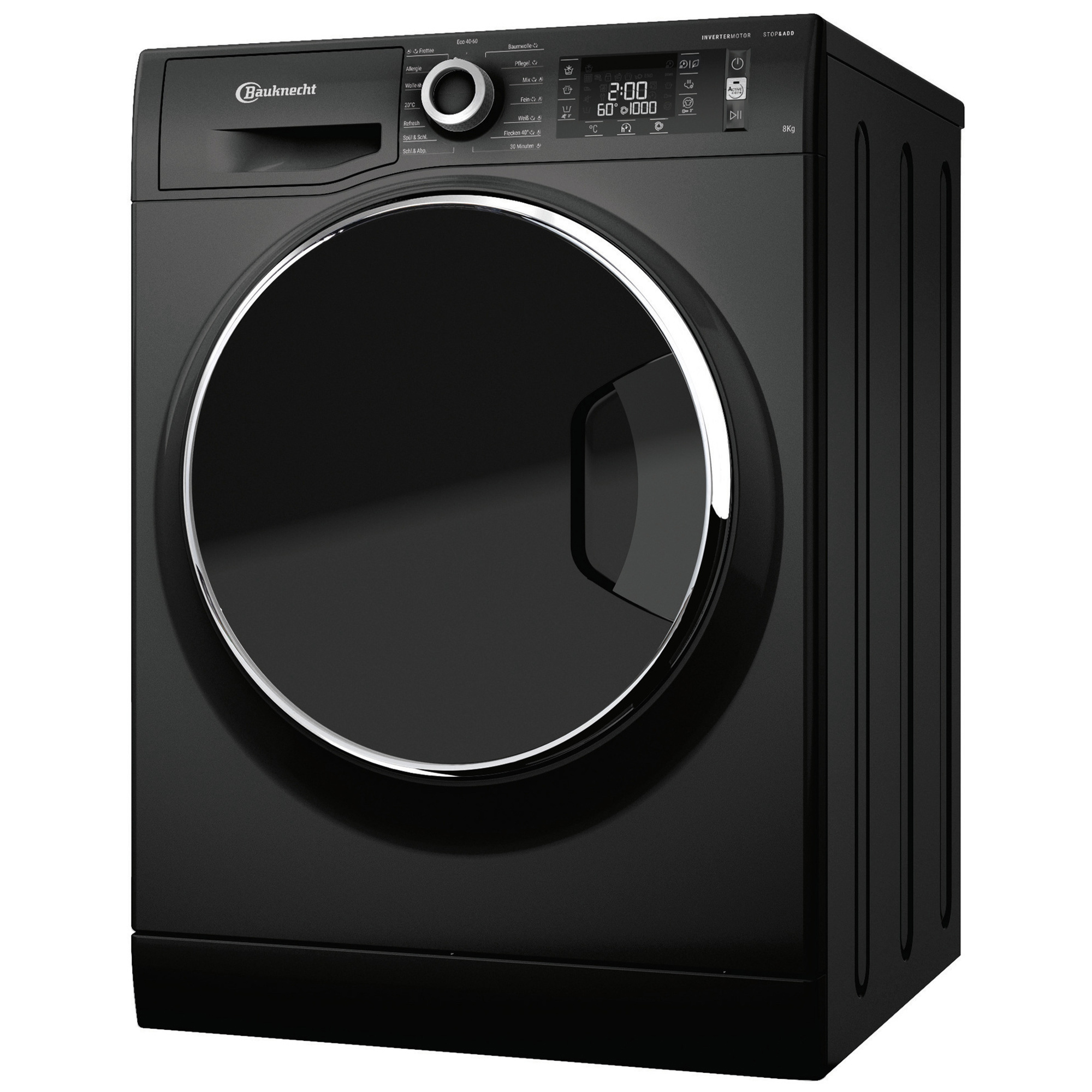 Schwarze Bauknecht Waschmaschine mit großem Bullauge und digitalem Display.
