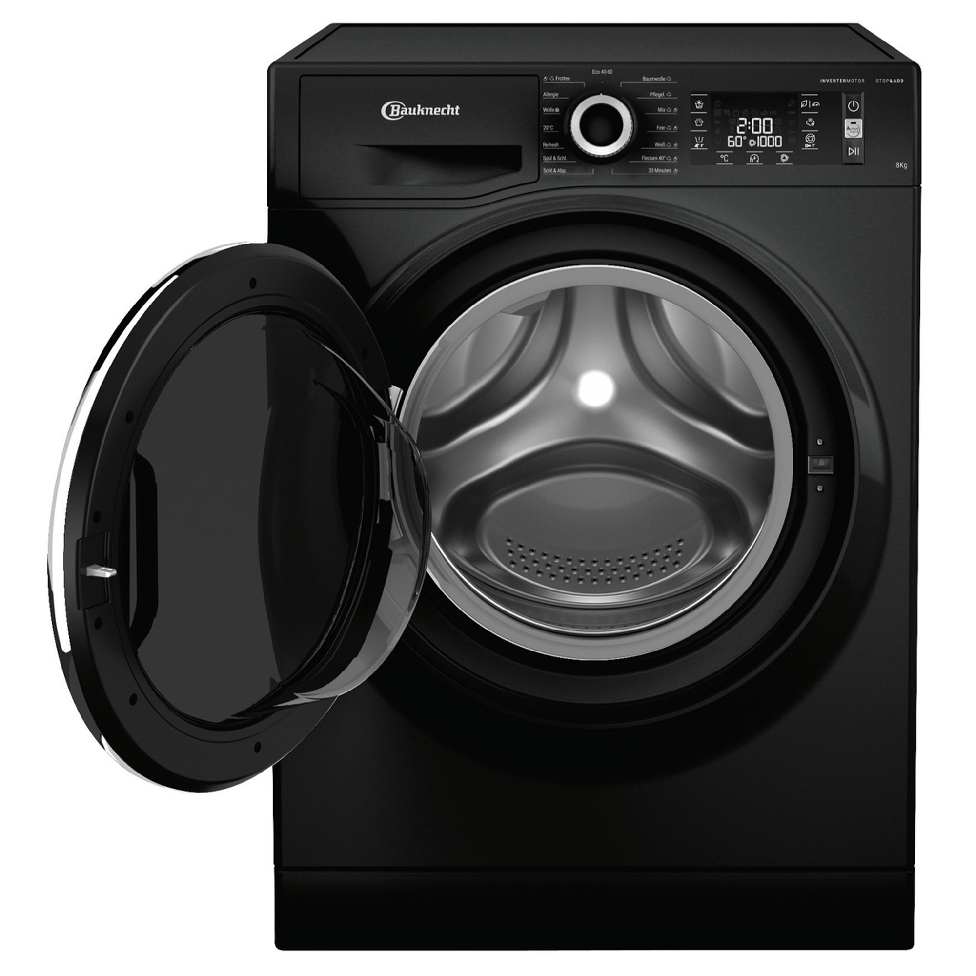 Schwarze Bauknecht Waschmaschine mit offener Tür und digitalem Display.