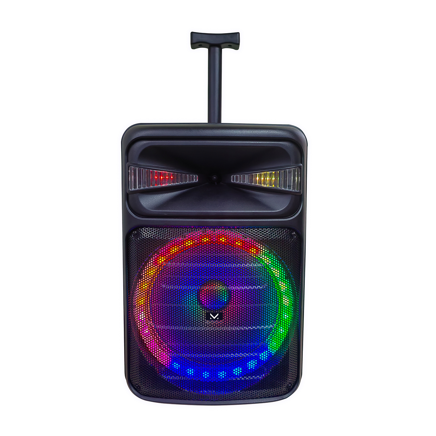 Zwarte luidspreker met uitschuifbaar handvat en kleurrijke LED-verlichting.