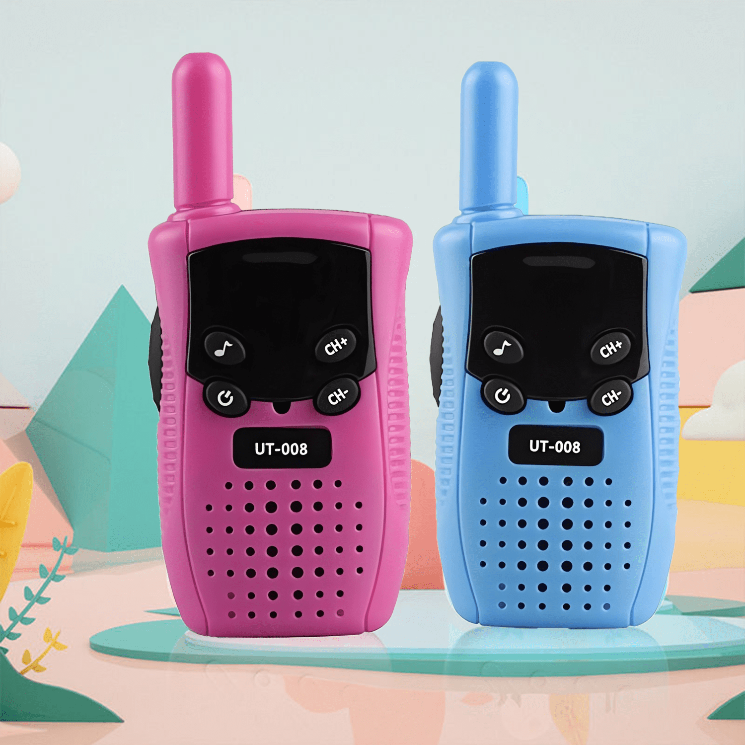 Zwei Walkie-Talkies, eins rosa und eins blau, auf einem bunten Hintergrund.