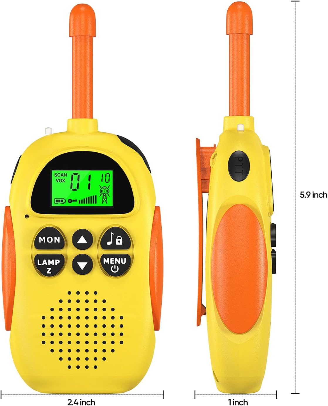 Gelbe und orangefarbene Walkie-Talkies, eine Vorderansicht, eine Seitenansicht, mit Bildschirm und Tasten.