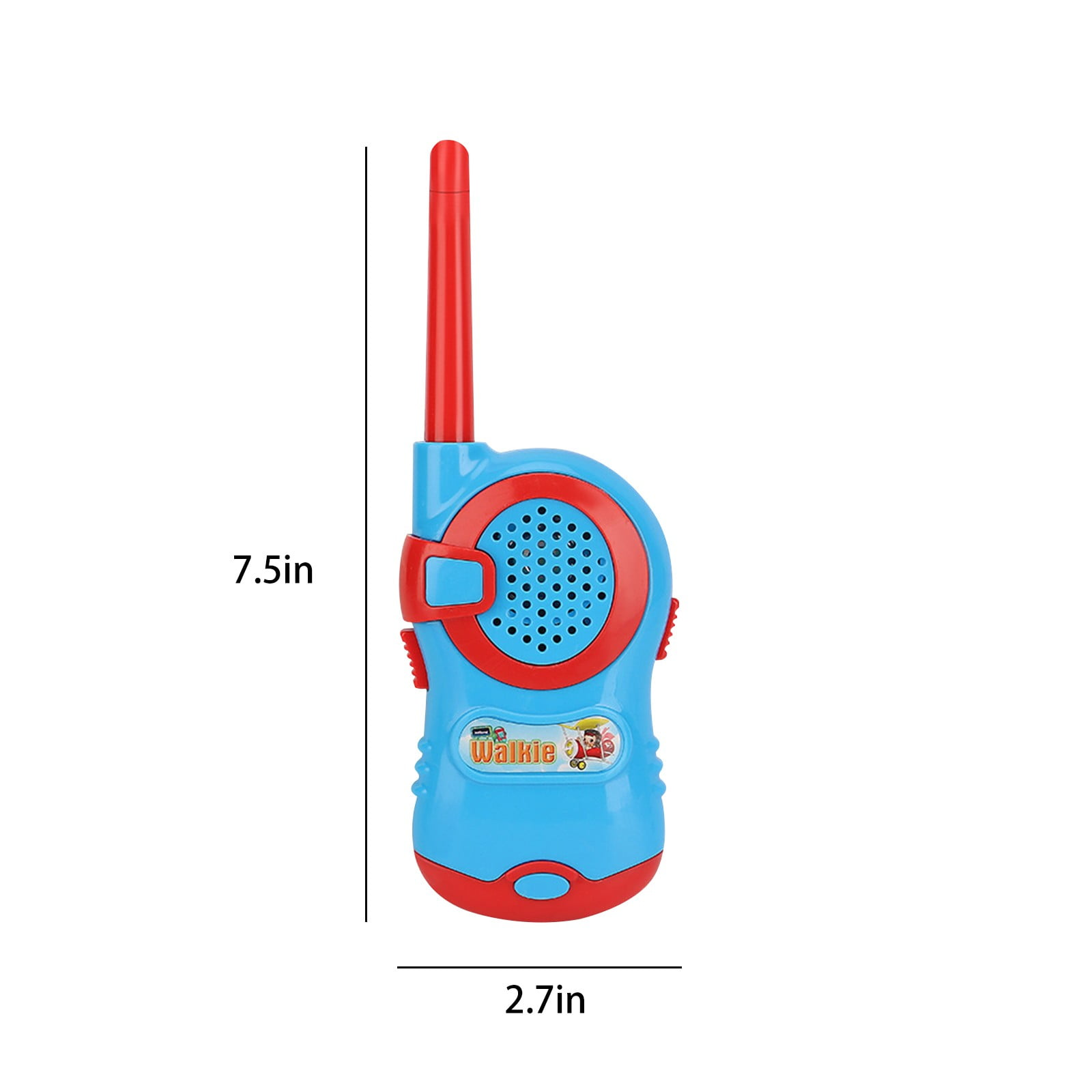 Blaues Spielzeug-Walkie-Talkie mit roter Antenne und Lautsprecher.