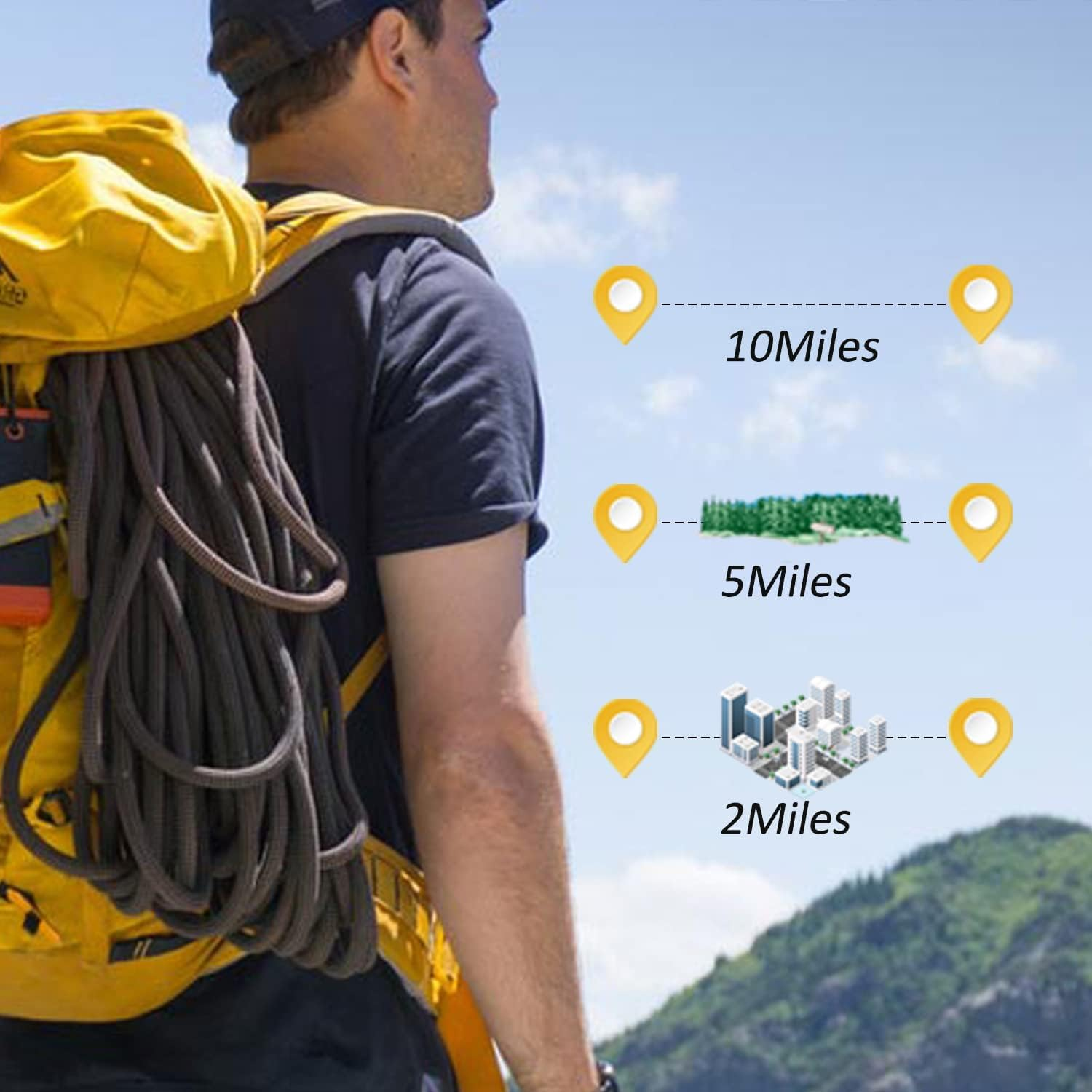 Ein Mann mit Rucksack und Seil steht vor einer Berglandschaft mit Entfernungsmarkierungen.