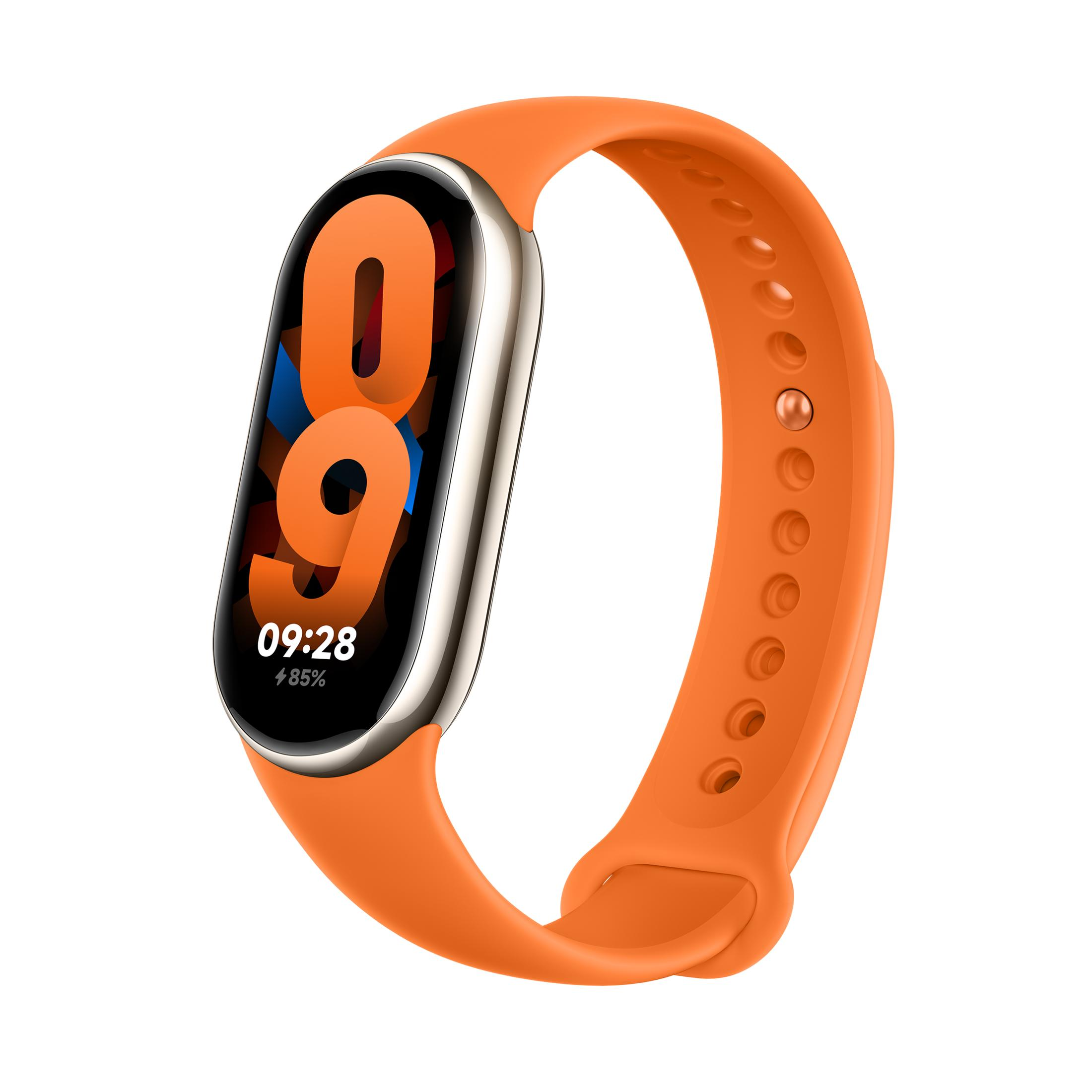 Orange Smartwatch mit silbernem Rand und digitaler Anzeige von 09:28 und 85%.