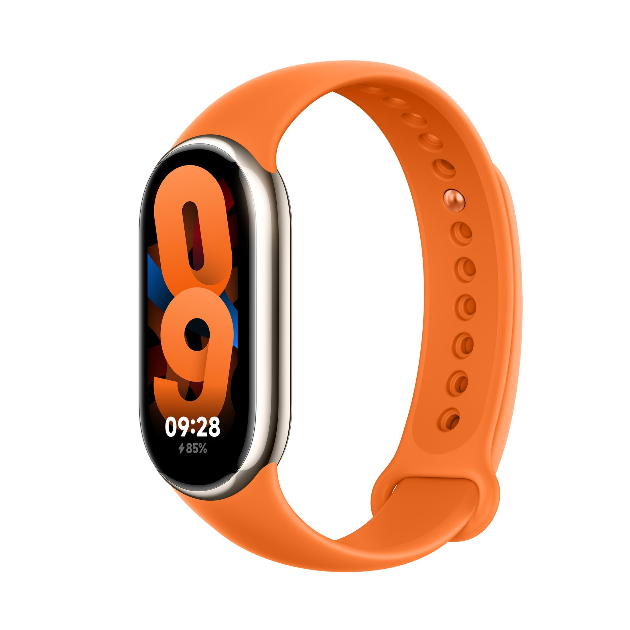 Orange Smartwatch mit silbernem Rand und digitaler Anzeige, die 09:28 und 85% anzeigt.