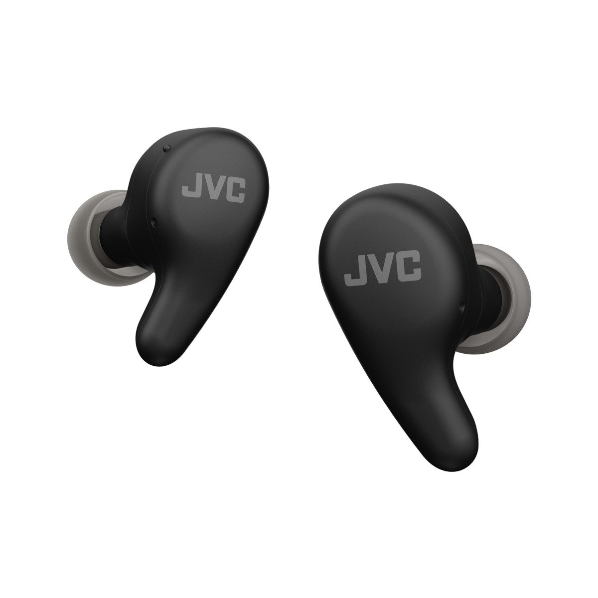 Due auricolari true wireless JVC neri con gommini. Isolati su bianco.