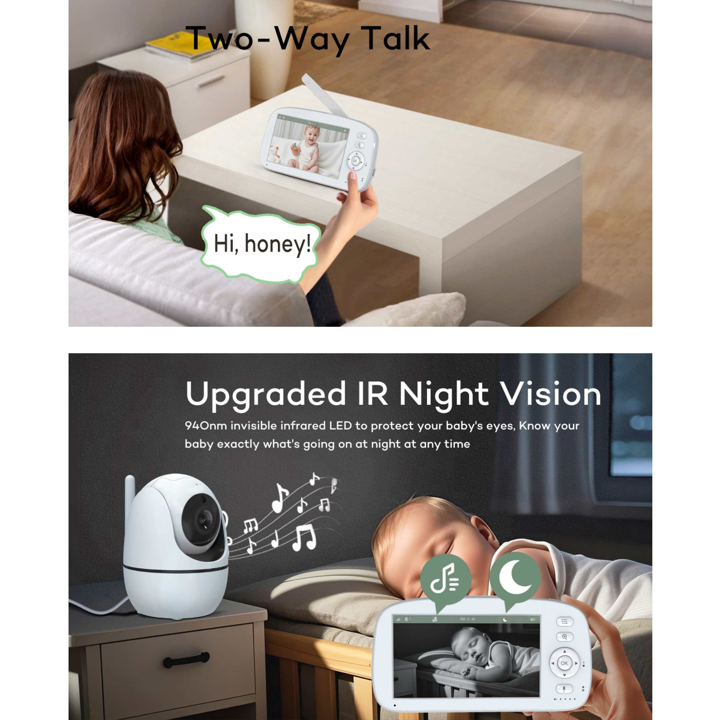 Ein Babyfon mit Kamera und Monitor. Eine Frau spricht über das Gerät.