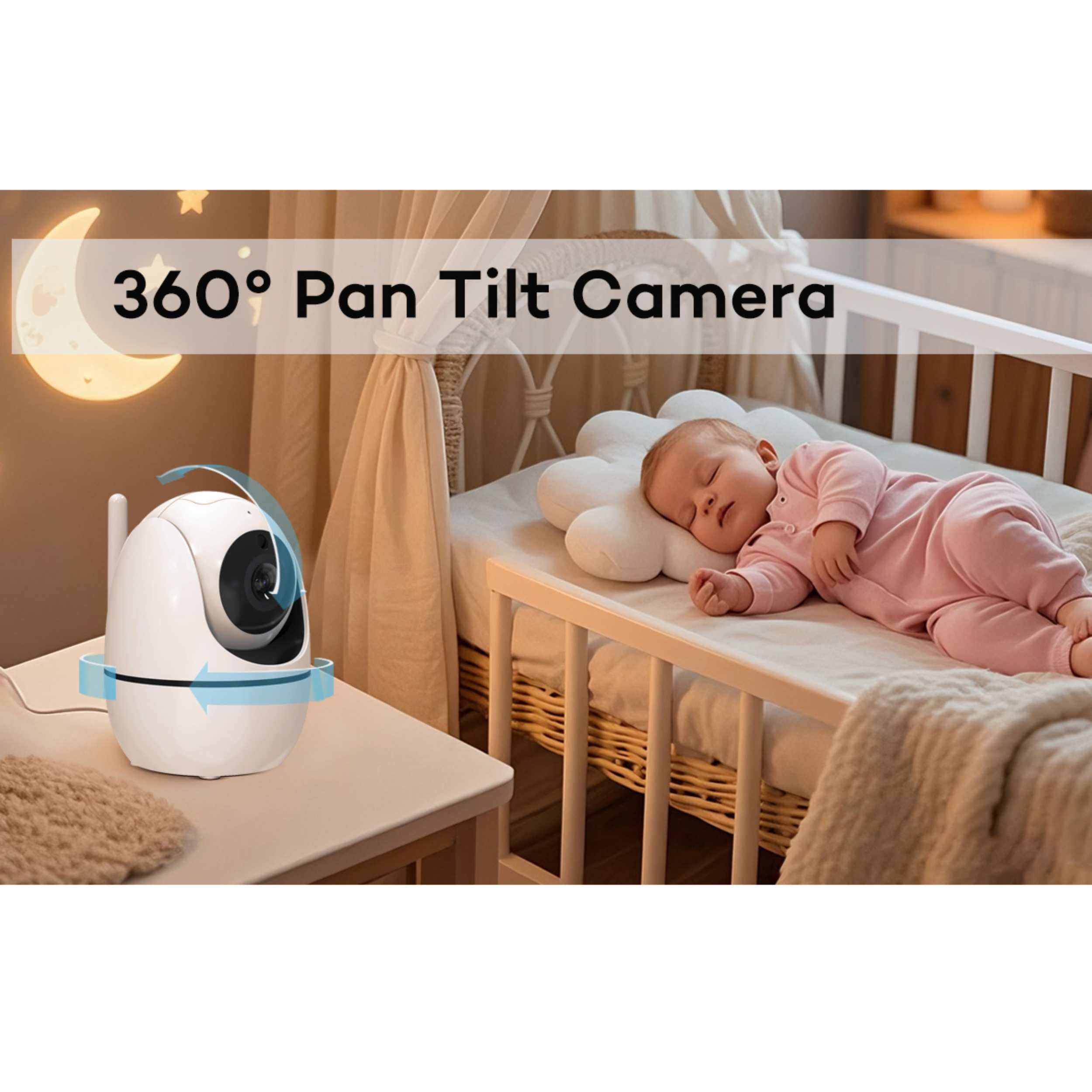 Ein Baby schläft in einem Kinderbett, eine Kamera ist daneben.