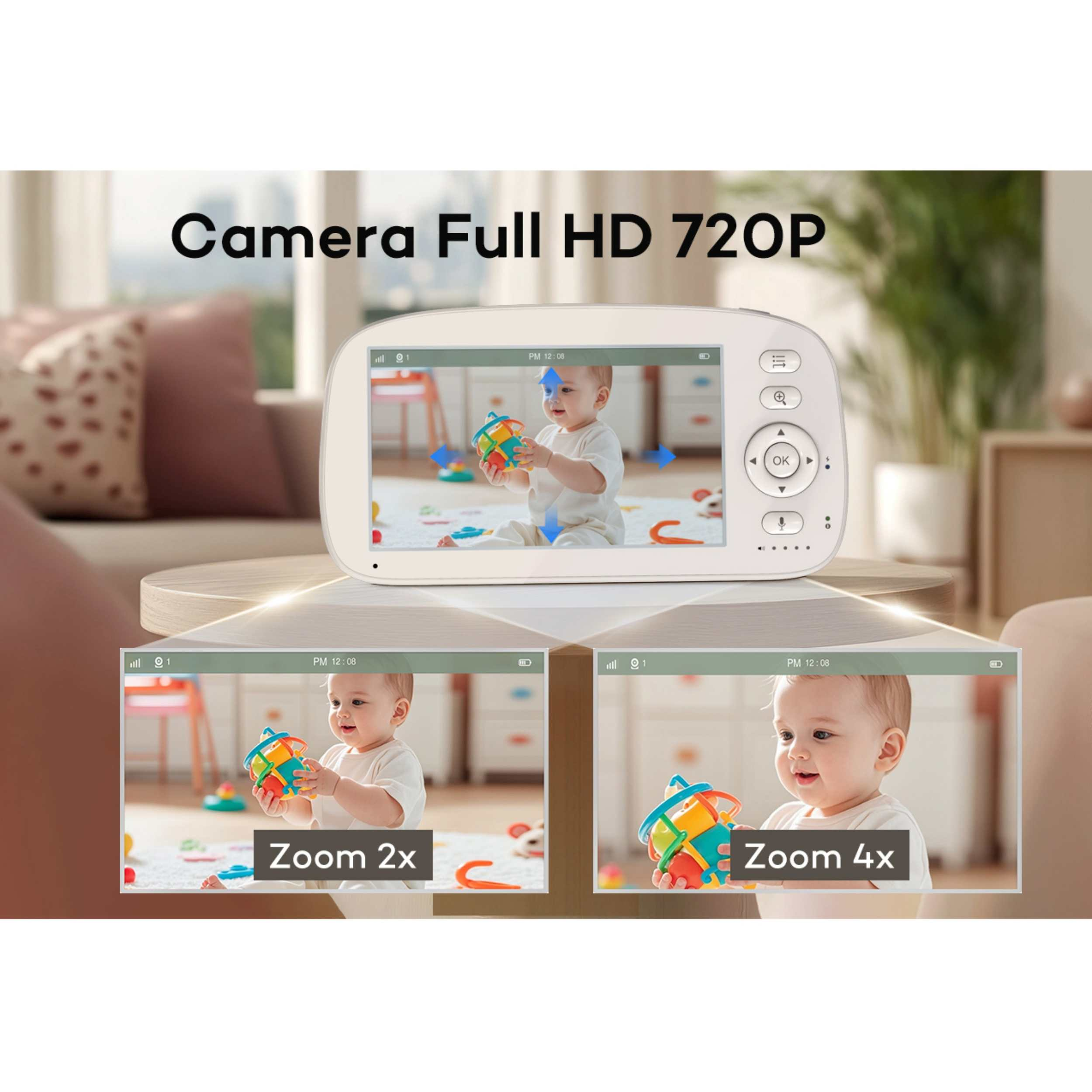 Ein Baby spielt mit einem bunten Spielzeug, gezeigt auf einem Babyfon.