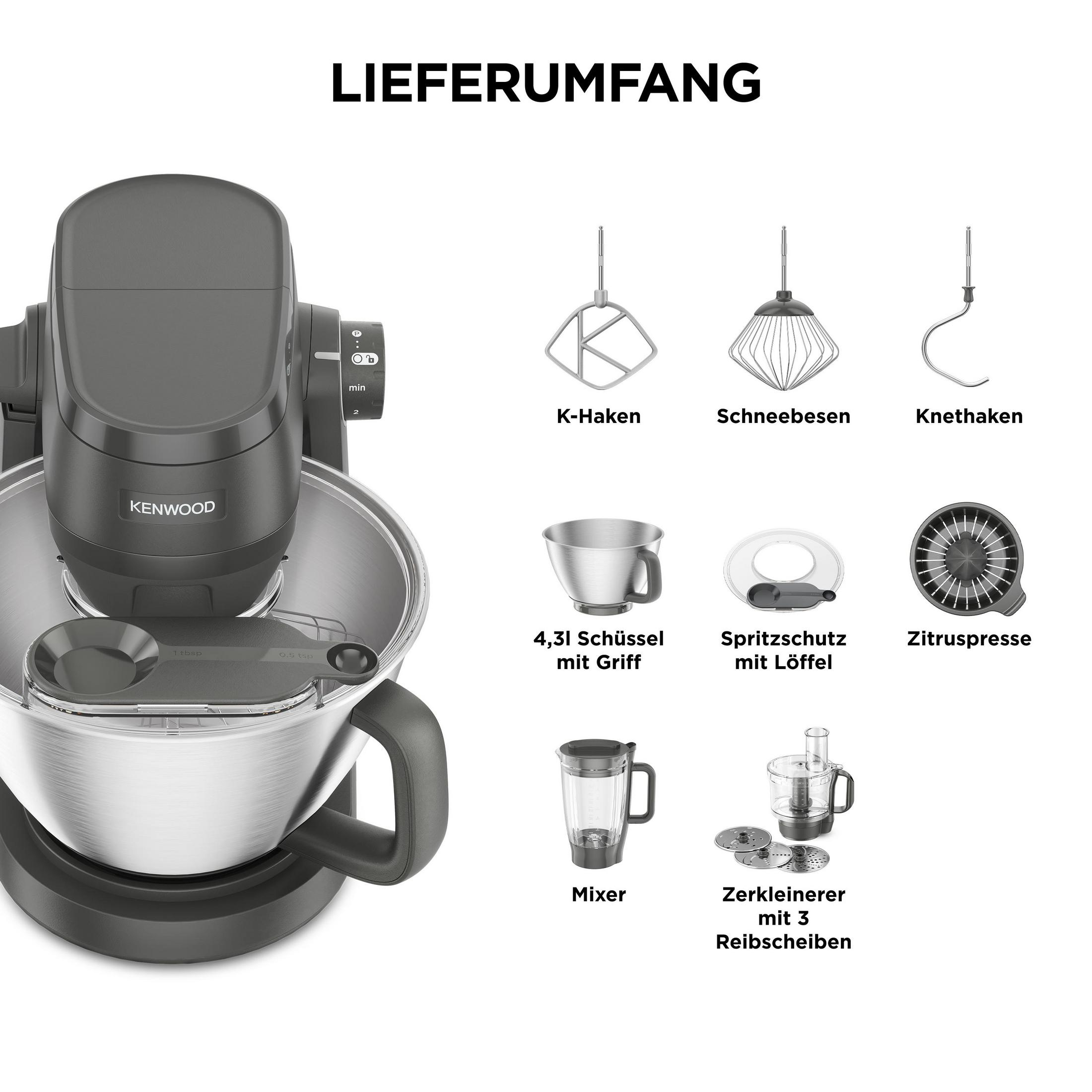 Eine Küchenmaschine mit Zubehör: Rührschüssel, K-Haken, Schneebesen, Knethaken, Mixer, Zitruspresse.