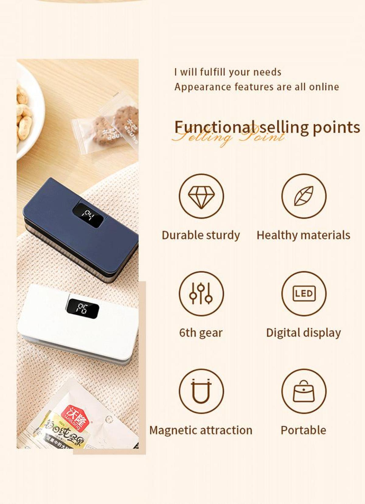 Blaue und weiße Boxen mit Digitalanzeigen neben Snacks. Merkmale: langlebig, gesund, 6. Gang, Digitalanzeige, magnetisch, tragbar.