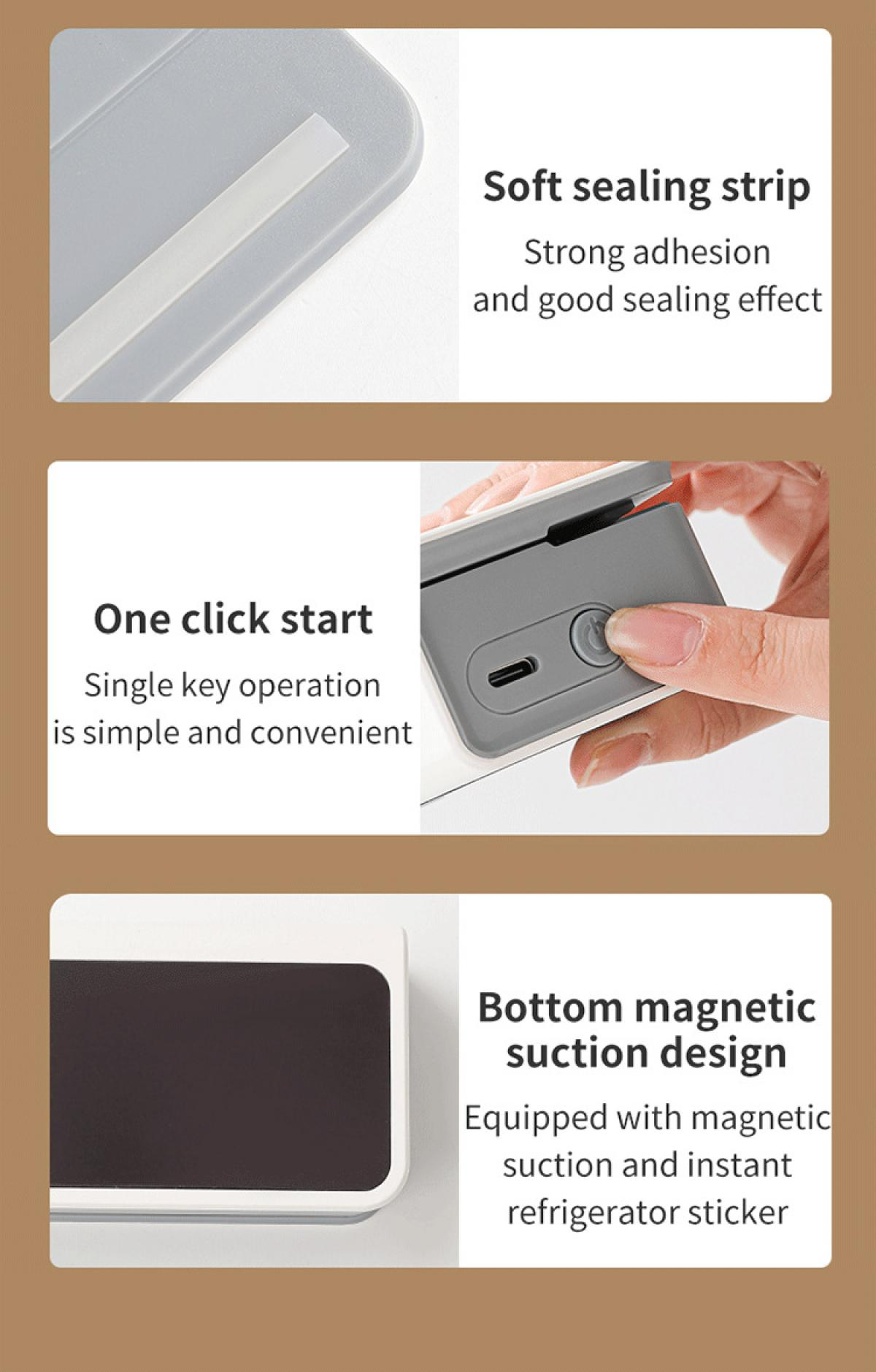 Graues Gerät mit weicher Dichtung, Ein-Klick-Start und magnetischem Saugnapf.
