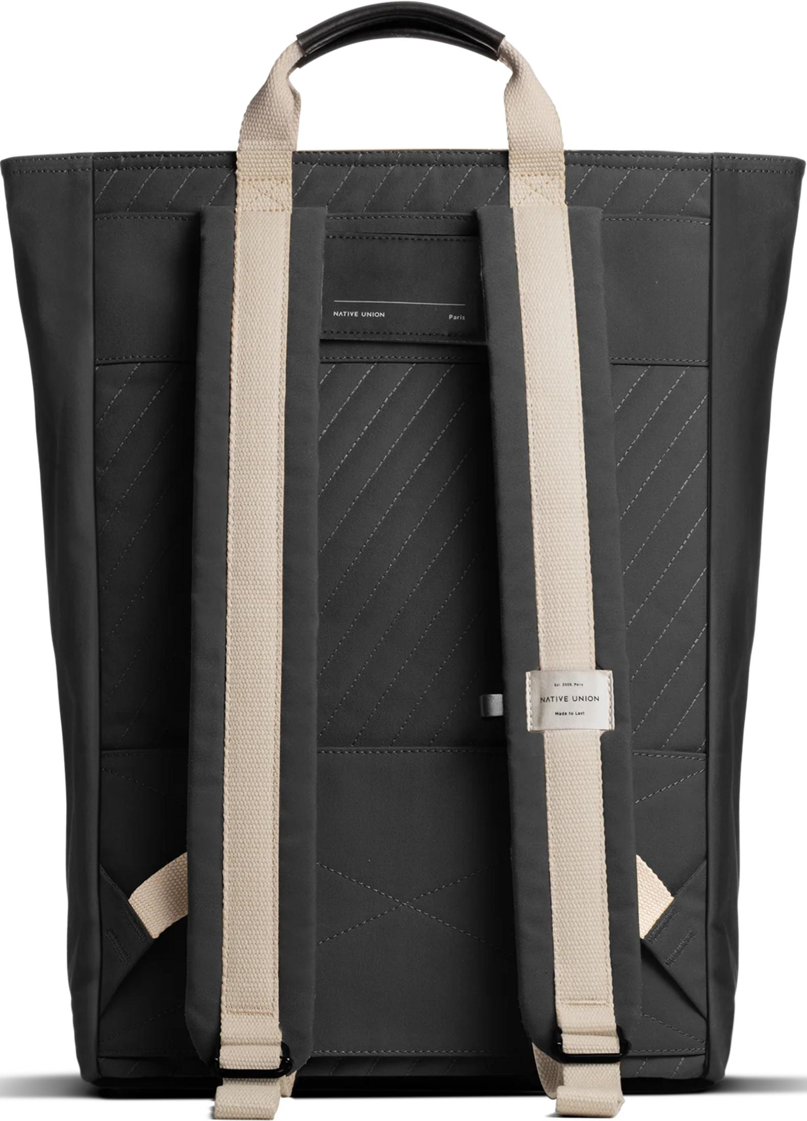 Rückseite eines grauen Rucksacks mit cremefarbenen Trägern und Ledergriff.