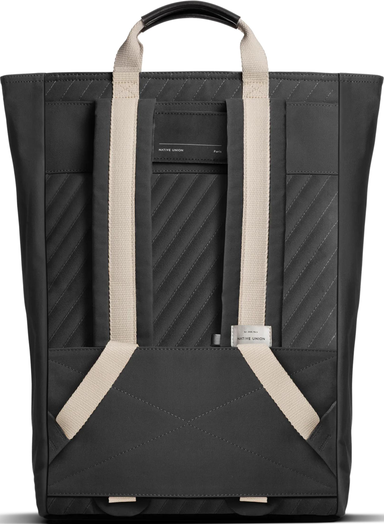 Schwarzer Rucksack mit hellbeigen Trägern und Ledergriff oben.