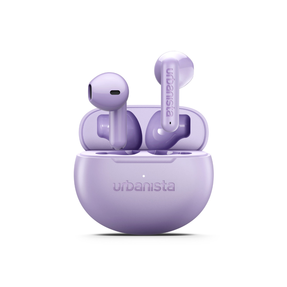 Auricolari Urbanista viola in una custodia di ricarica rotonda, su sfondo bianco.