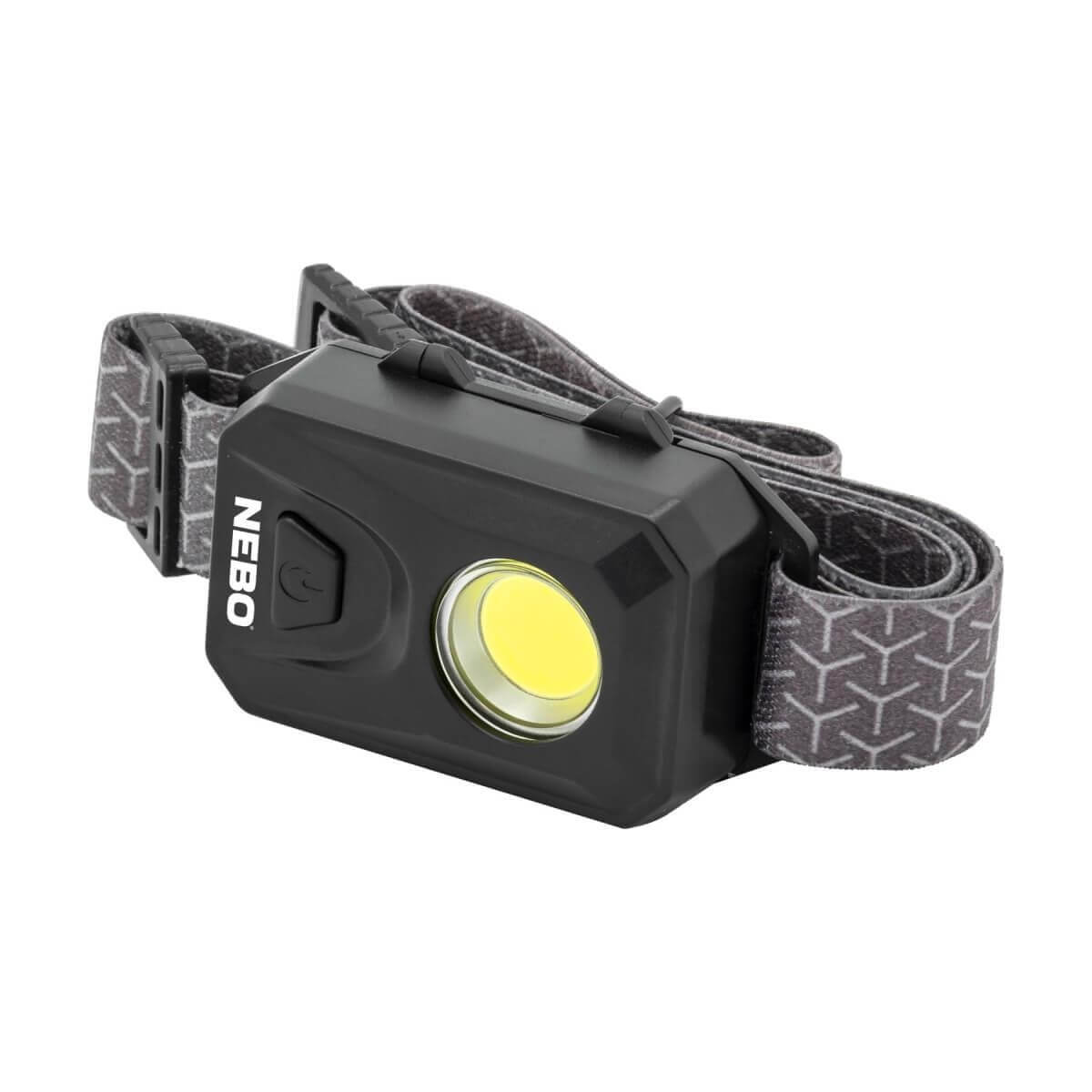 Faretto frontale Nebo nero con cinturino grigio e luce LED.