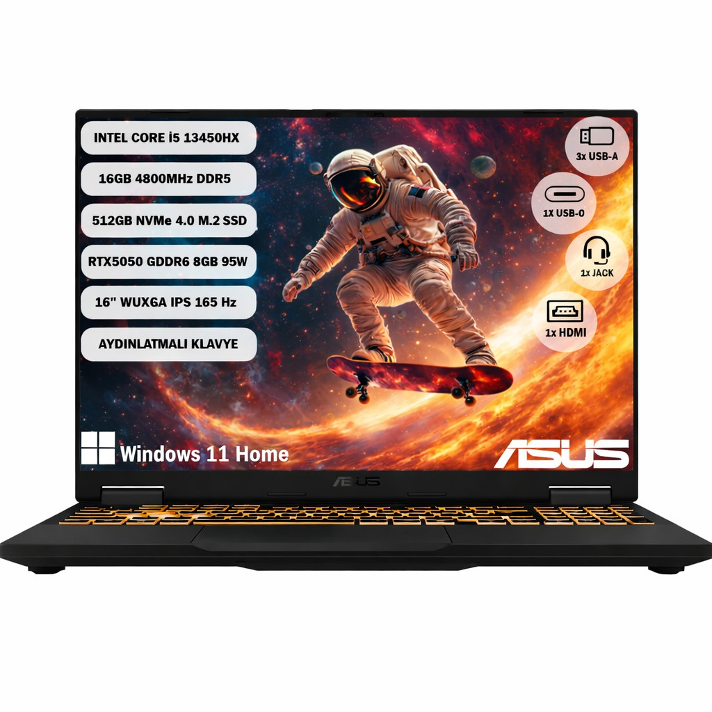 ASUS TUF Gaming F16 RTX 5050 FHD IPS FX608JH-RV002W Intel Core i5 13450HX 16 GB RAM 512 GB SSD 16 inç Windows 11 Home notebook koyu gri
