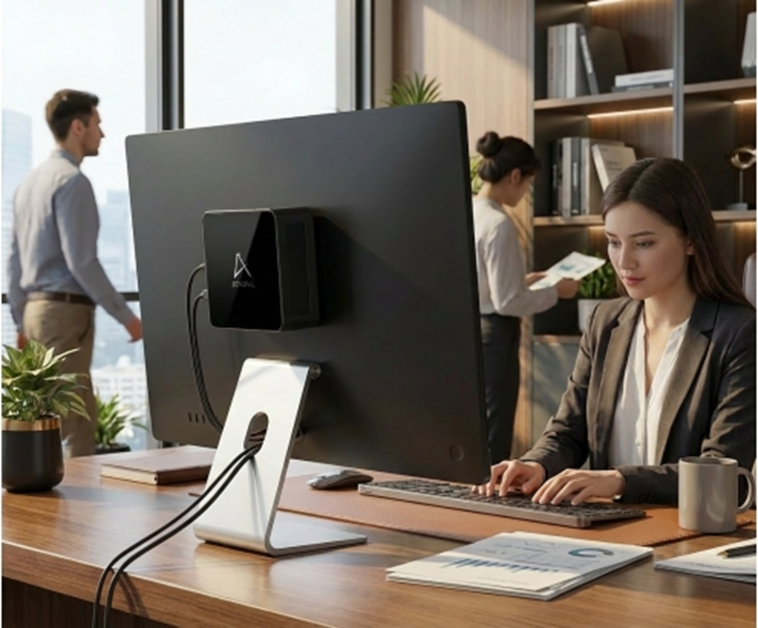 Donna digita alla scrivania con computer. Uomo passa vicino alla finestra. Libreria sullo sfondo.