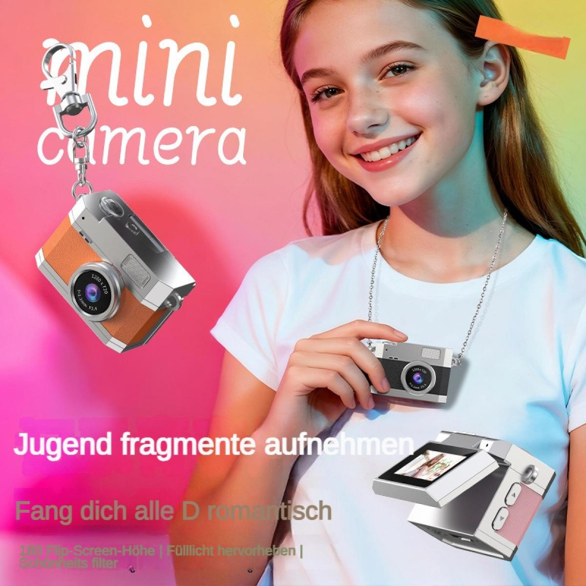 Ein Mädchen hält eine Mini-Kamera, daneben eine weitere Kamera und Text.
