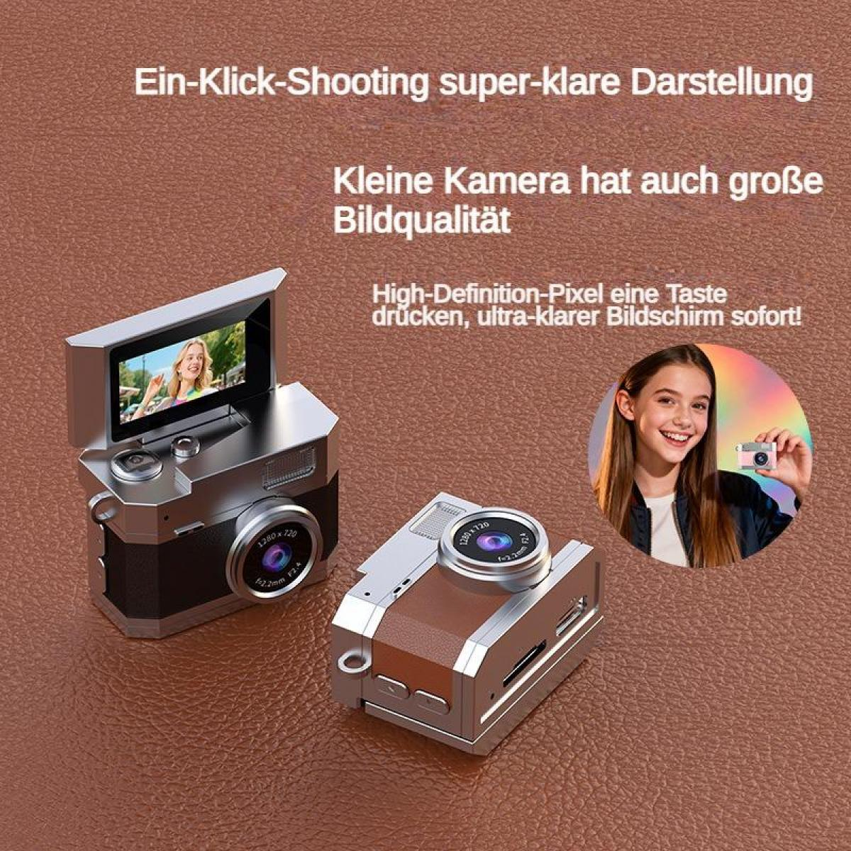 Zwei Mini-Kameras und ein lachendes Mädchen, das eine Kamera hält.