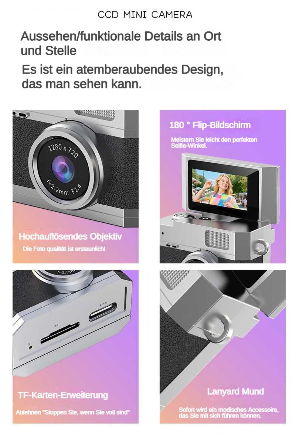 Kompakte Digitalkamera mit 1280x720 Linse, klappbarem Bildschirm und TF-Kartenslot.