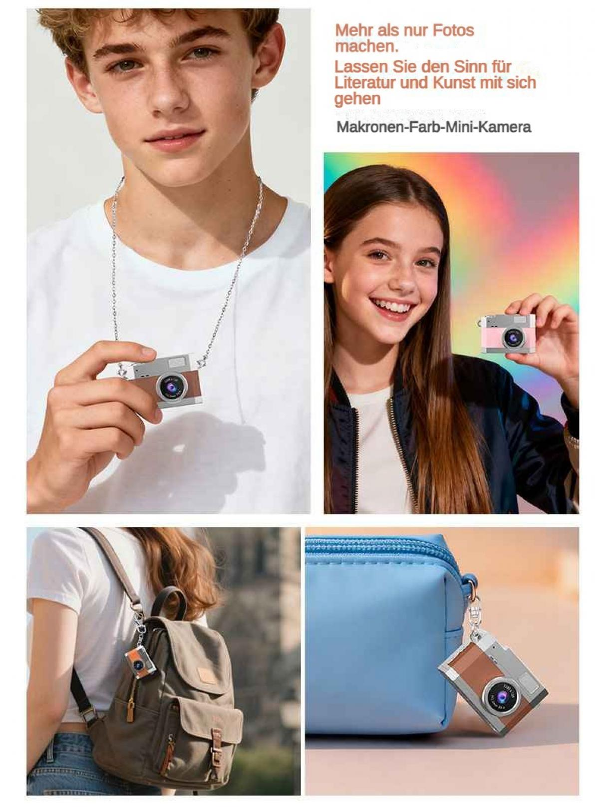 Junge mit Kamera-Halskette, Mädchen hält Kamera, Rucksack mit Kamera-Anhänger, blaue Tasche mit Kamera-Anhänger.