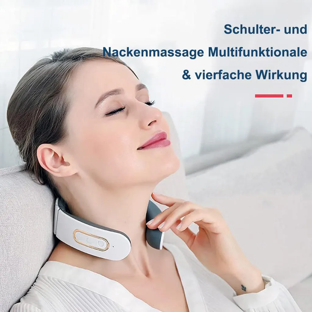 Frau mit Nackenmassagegerät, das Schulter- und Nackenmassage bietet.