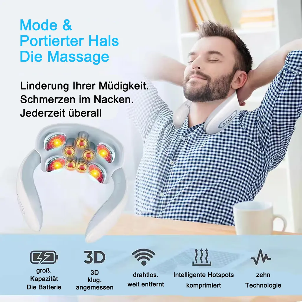 Mann mit Nackenmassagegerät, das Modi und Funktionen zeigt.