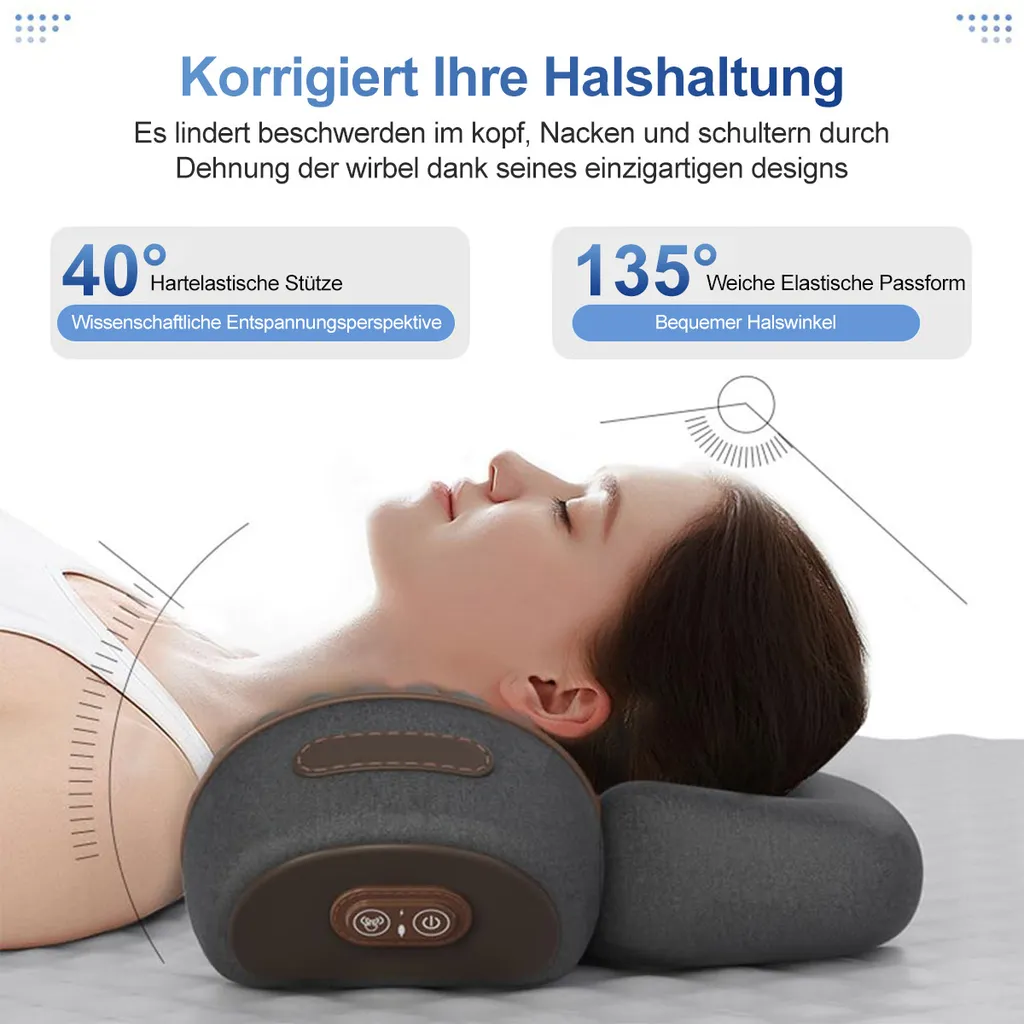 Eine Frau liegt auf dem Rücken, die einen Nackenkissen benutzt. Text erklärt Vorteile.