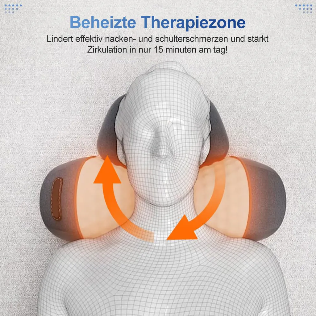 Ein Nackenkissen mit Massagefunktion umhüllt einen 3D-Kopf.