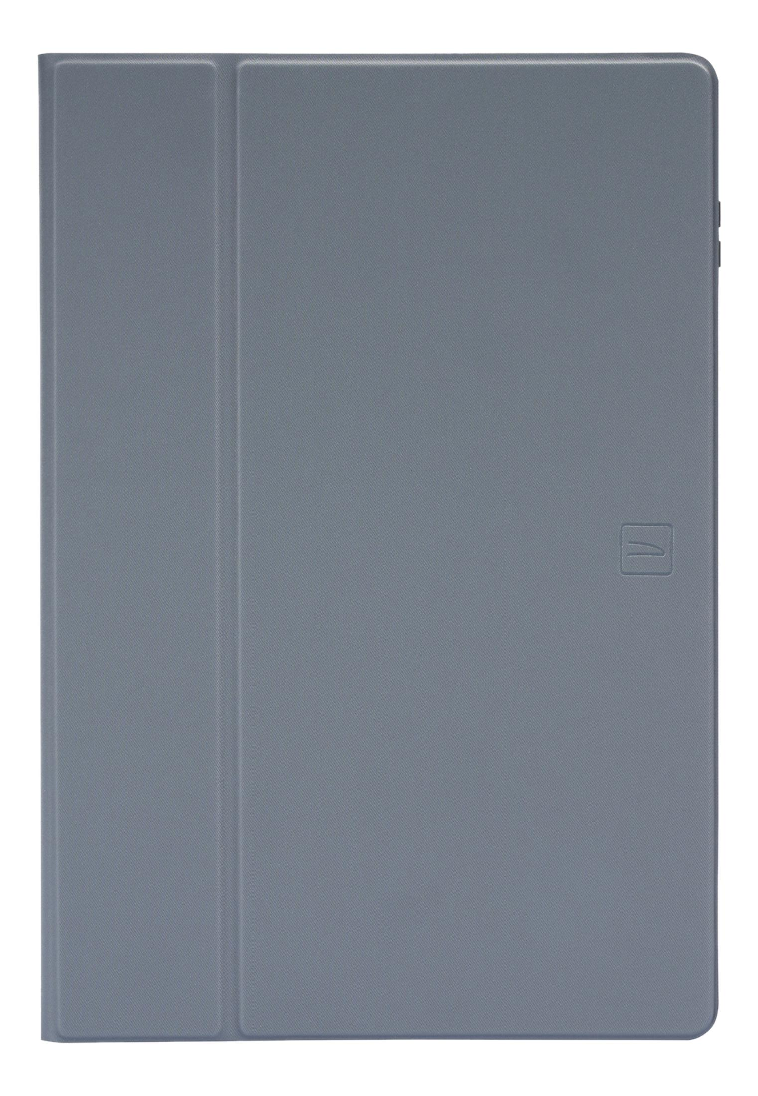 Grauer Tablet-Schutzumschlag mit einer vertikalen Falte und einem Logo.
