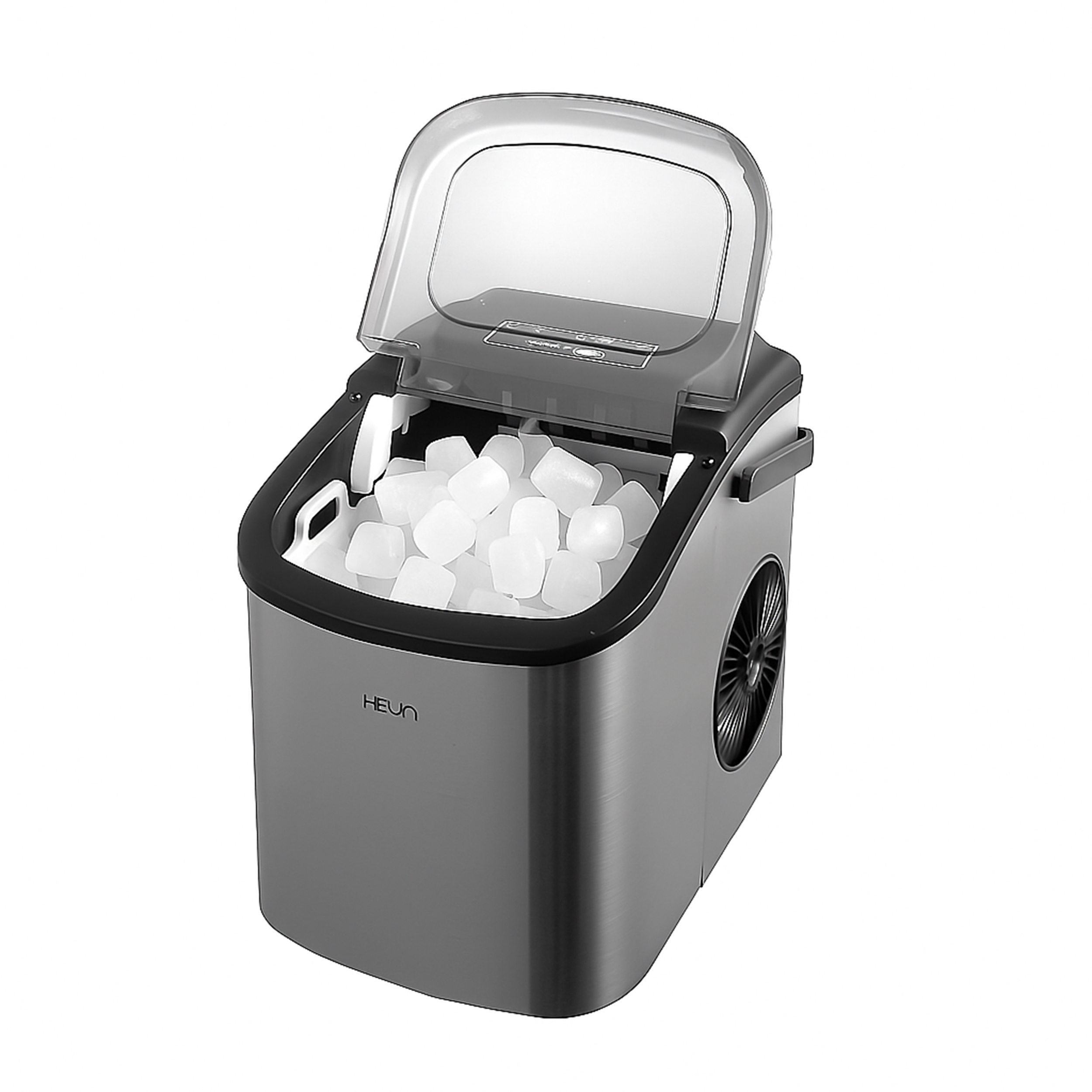 Kostkarka do lodu z przezroczystą pokrywą i obudową ze stali nierdzewnej, pełna kostek.