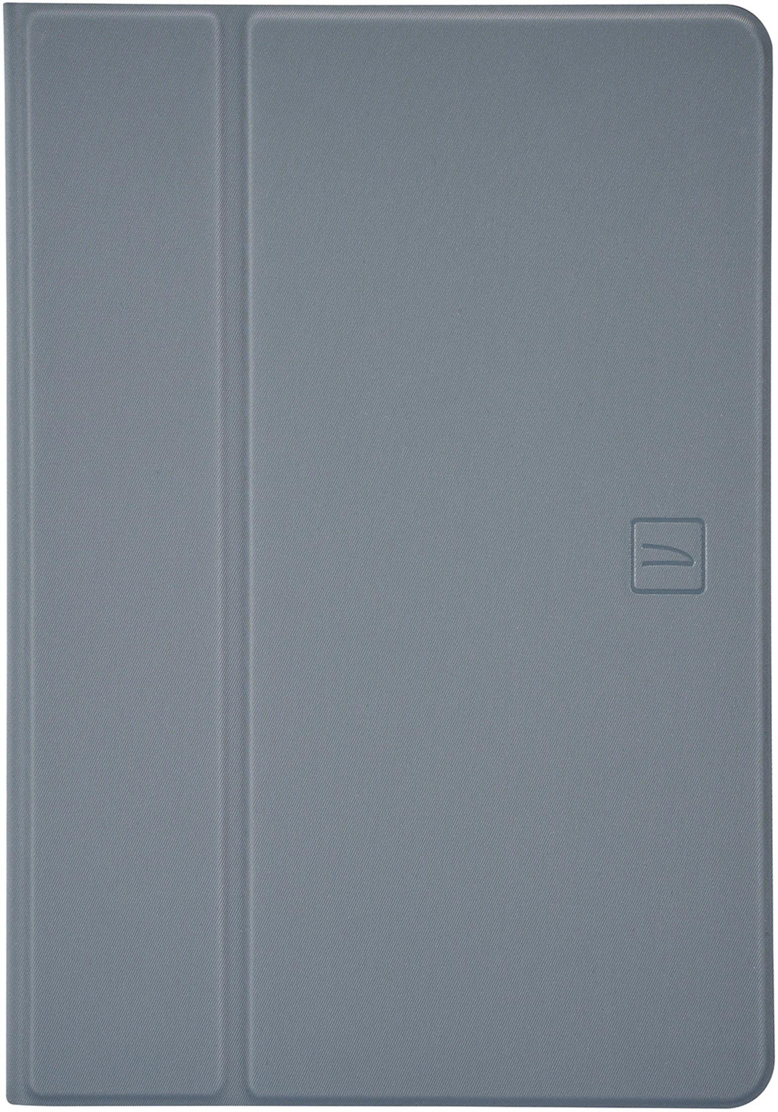 Funda gris para tableta con cubierta plegada y logo.