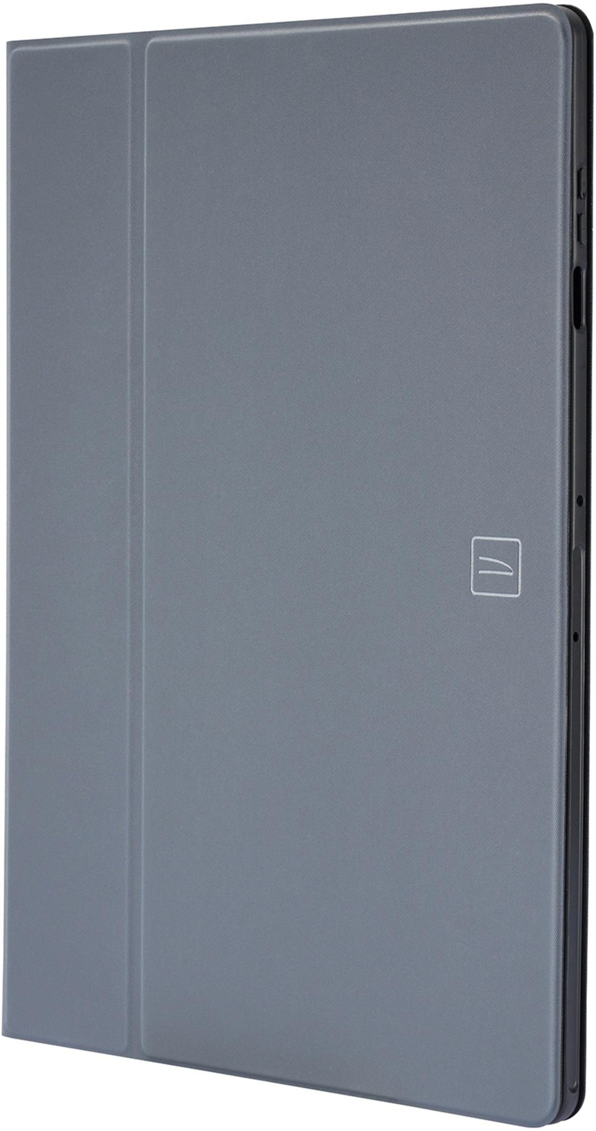 Graue Tablet-Hülle mit vertikaler Naht und kleinem Logo.