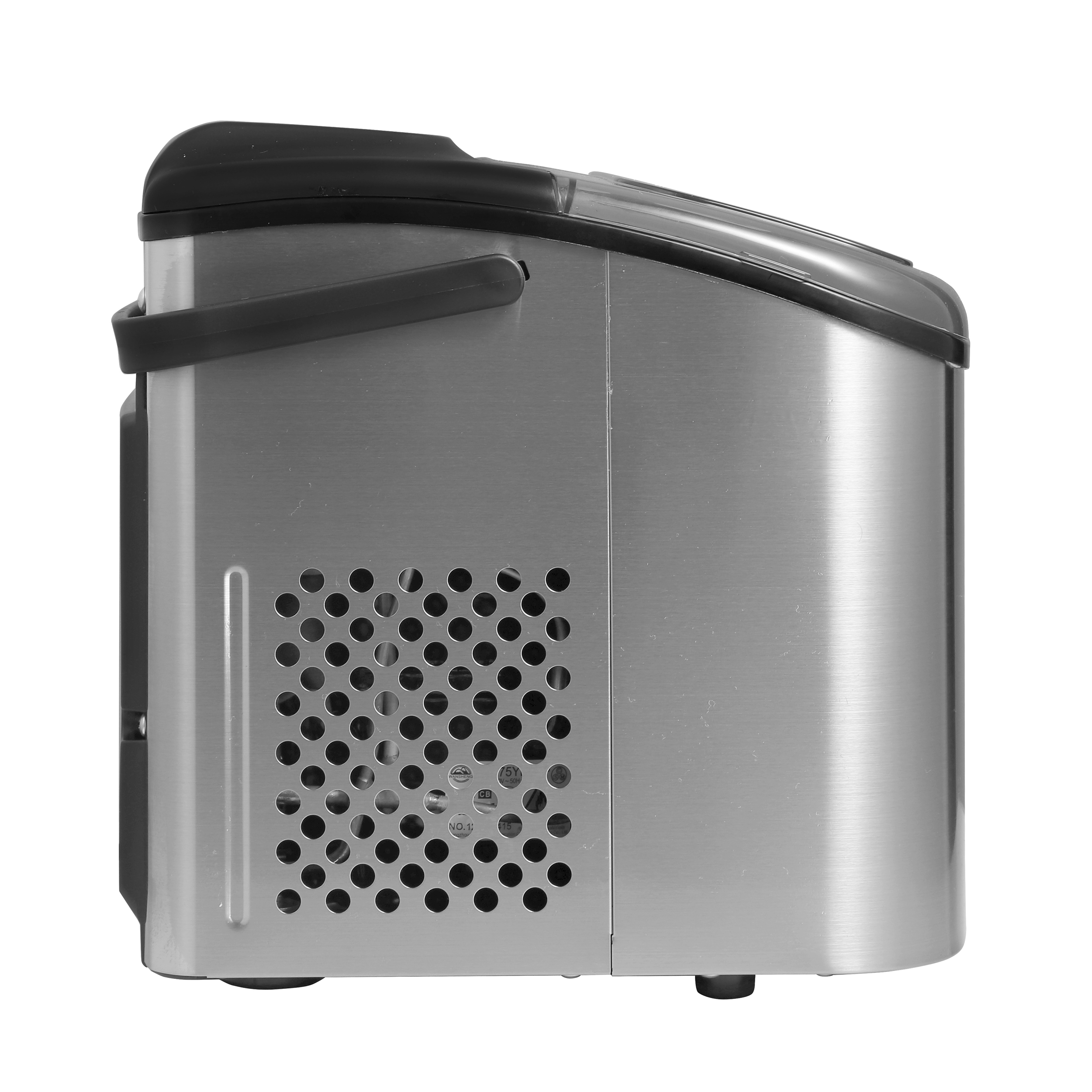 Srebrna kostkarka do lodu z czarną pokrywą, otworami wentylacyjnymi i stopkami.