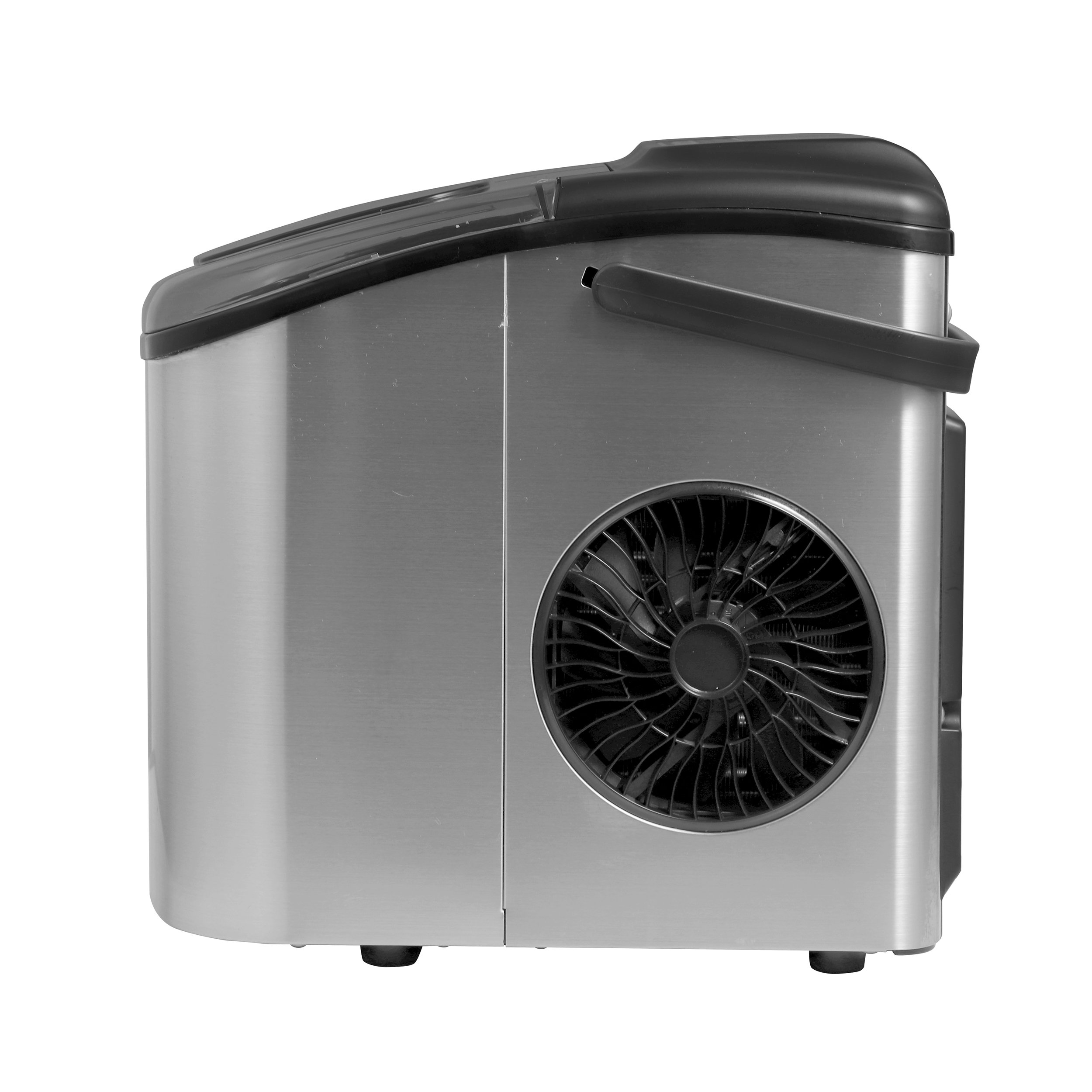 Srebrna kostkarka do lodu z czarną pokrywą i kratką wentylatora.