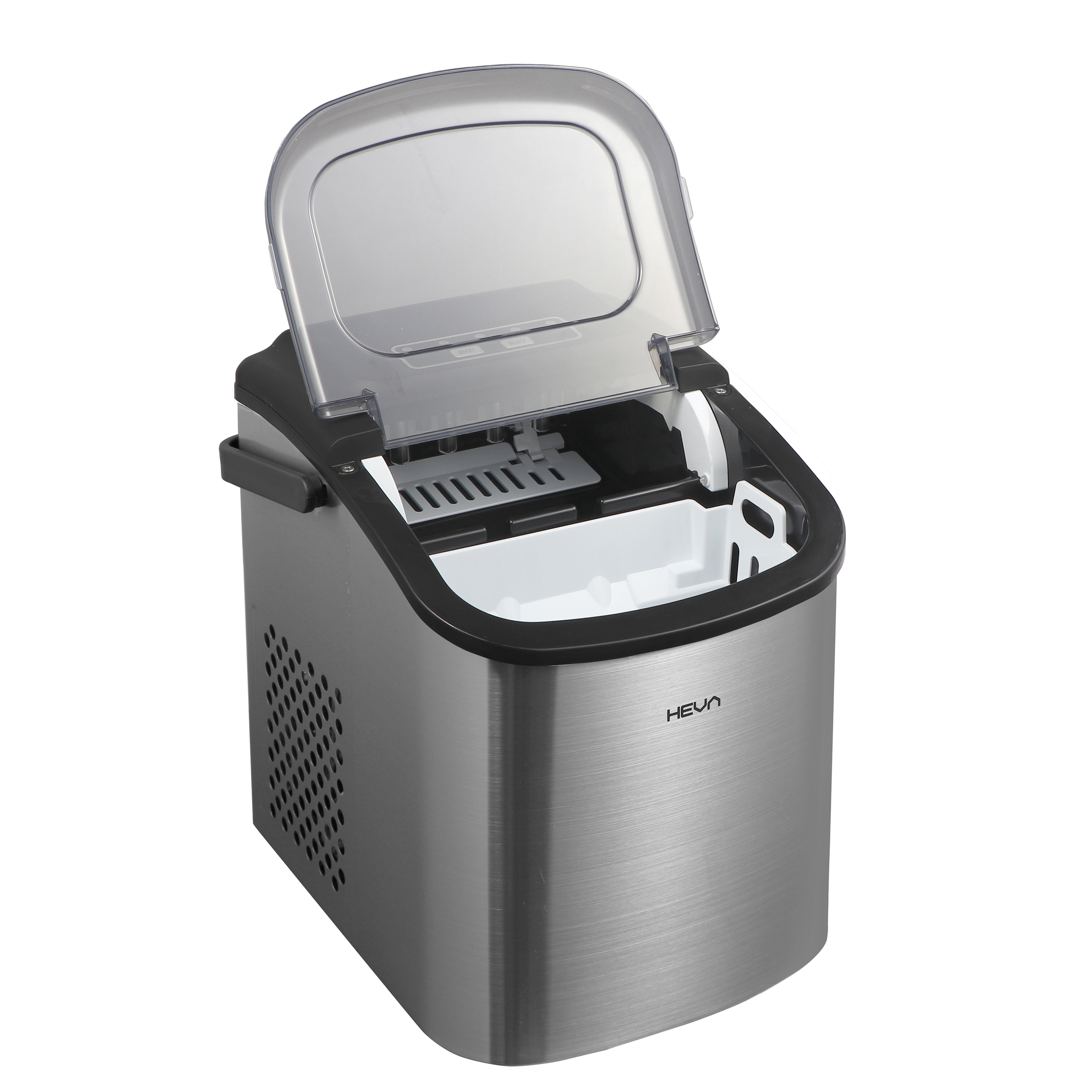 Srebrna kostkarka do lodu z otwartą przezroczystą pokrywą.