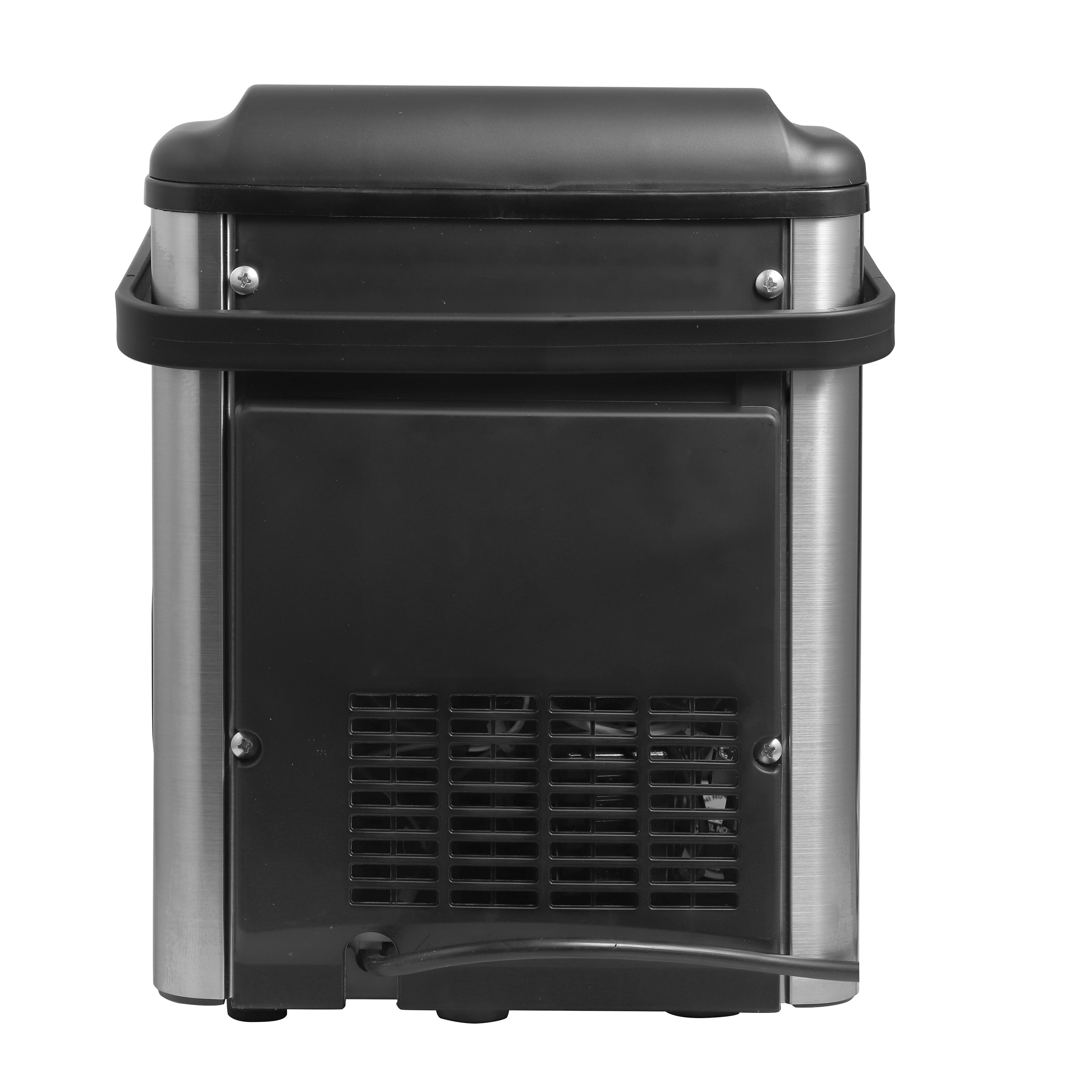 Widok z tyłu srebrnego i czarnego urządzenia z otworami wentylacyjnymi i kablem.