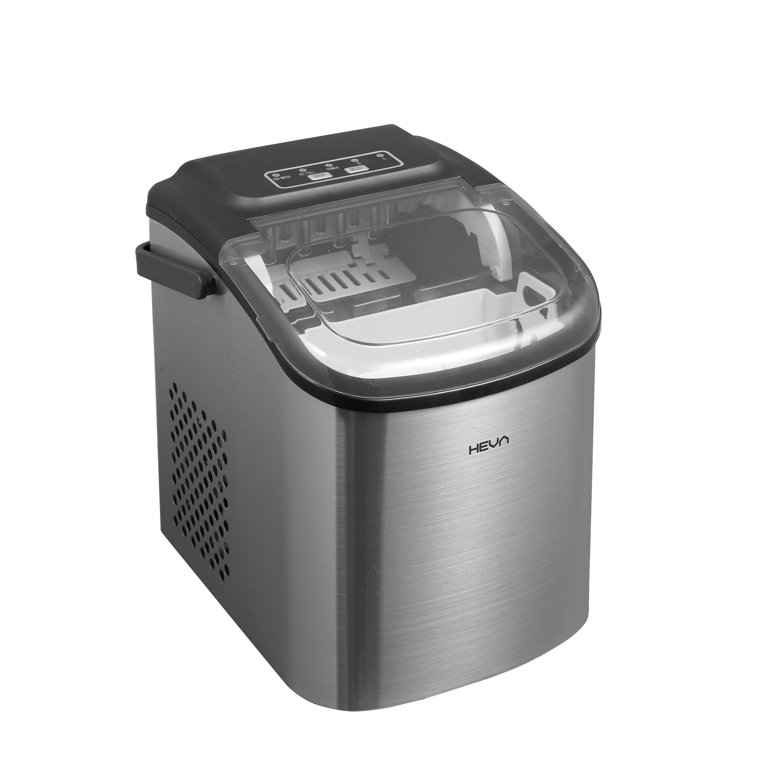 Kompaktowa srebrna kostkarka do lodu z przezroczystą pokrywą i panelem sterowania.