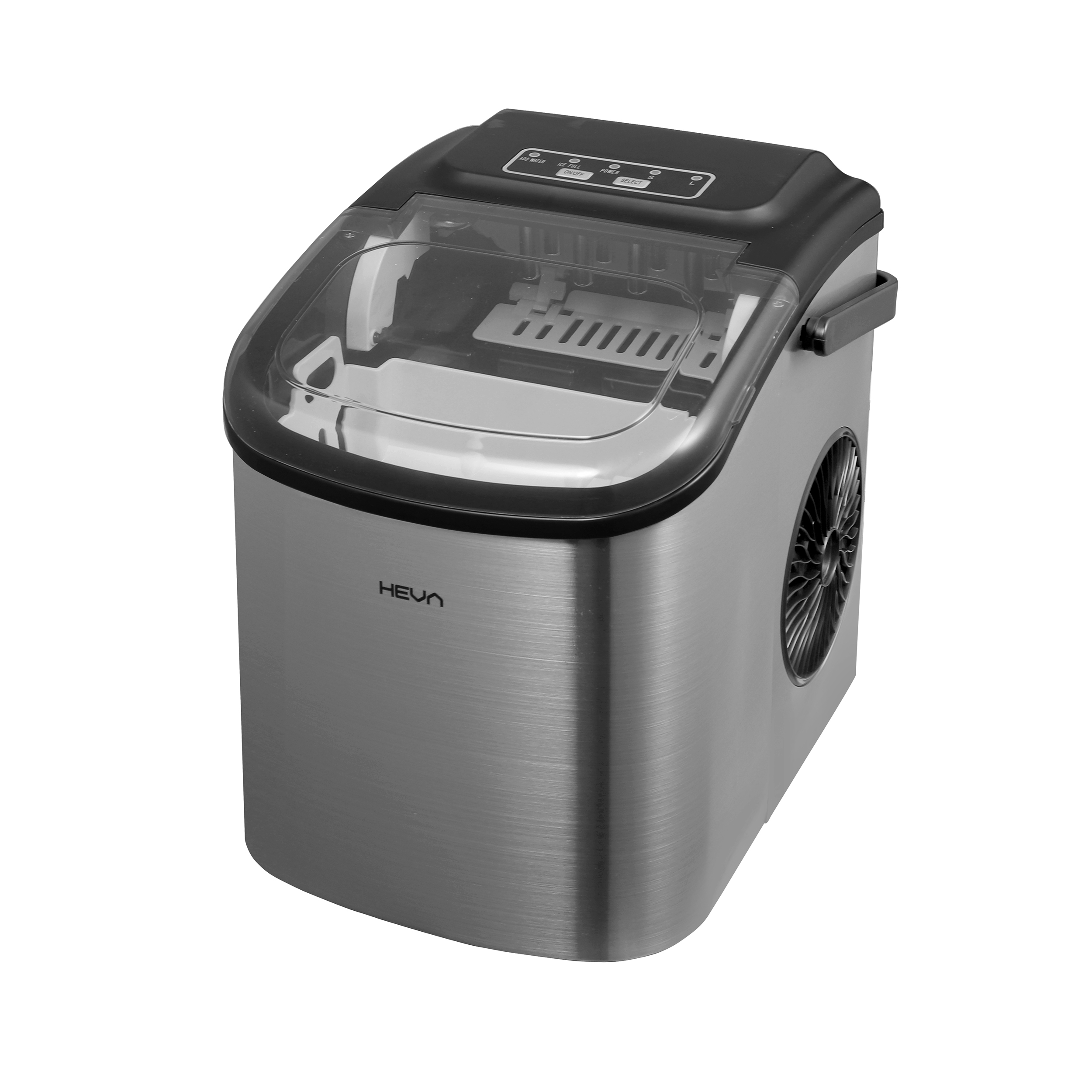 Kompaktowa srebrna kostkarka do lodu z przezroczystą pokrywą i przyciskami.