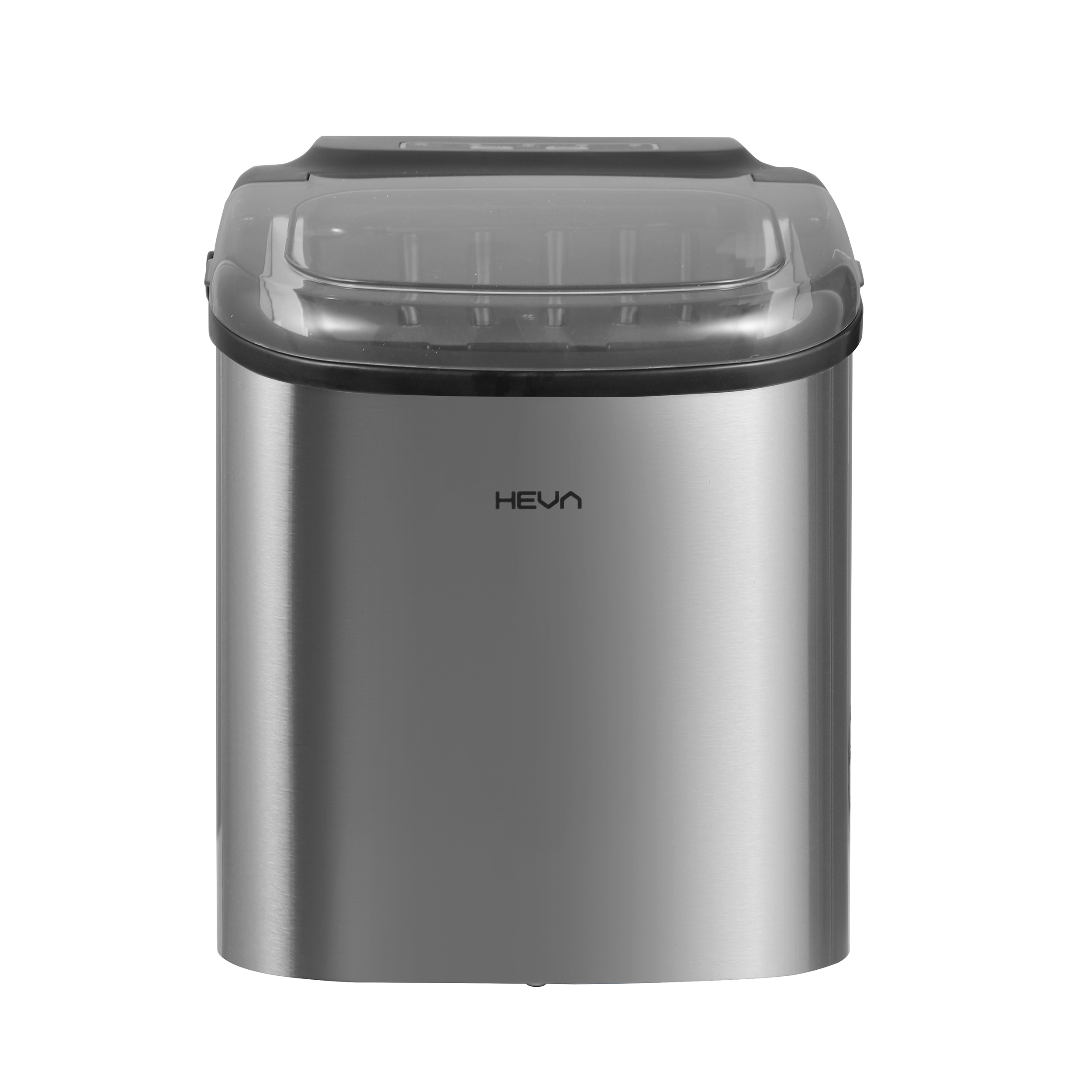 Kostkarka do lodu ze stali nierdzewnej z przezroczystą pokrywą i czarną obręczą.