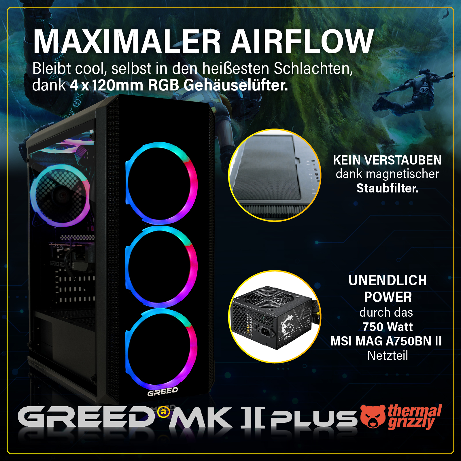 Obudowa komputera z wentylatorami RGB, zasilaczem i filtrem przeciwkurzowym.