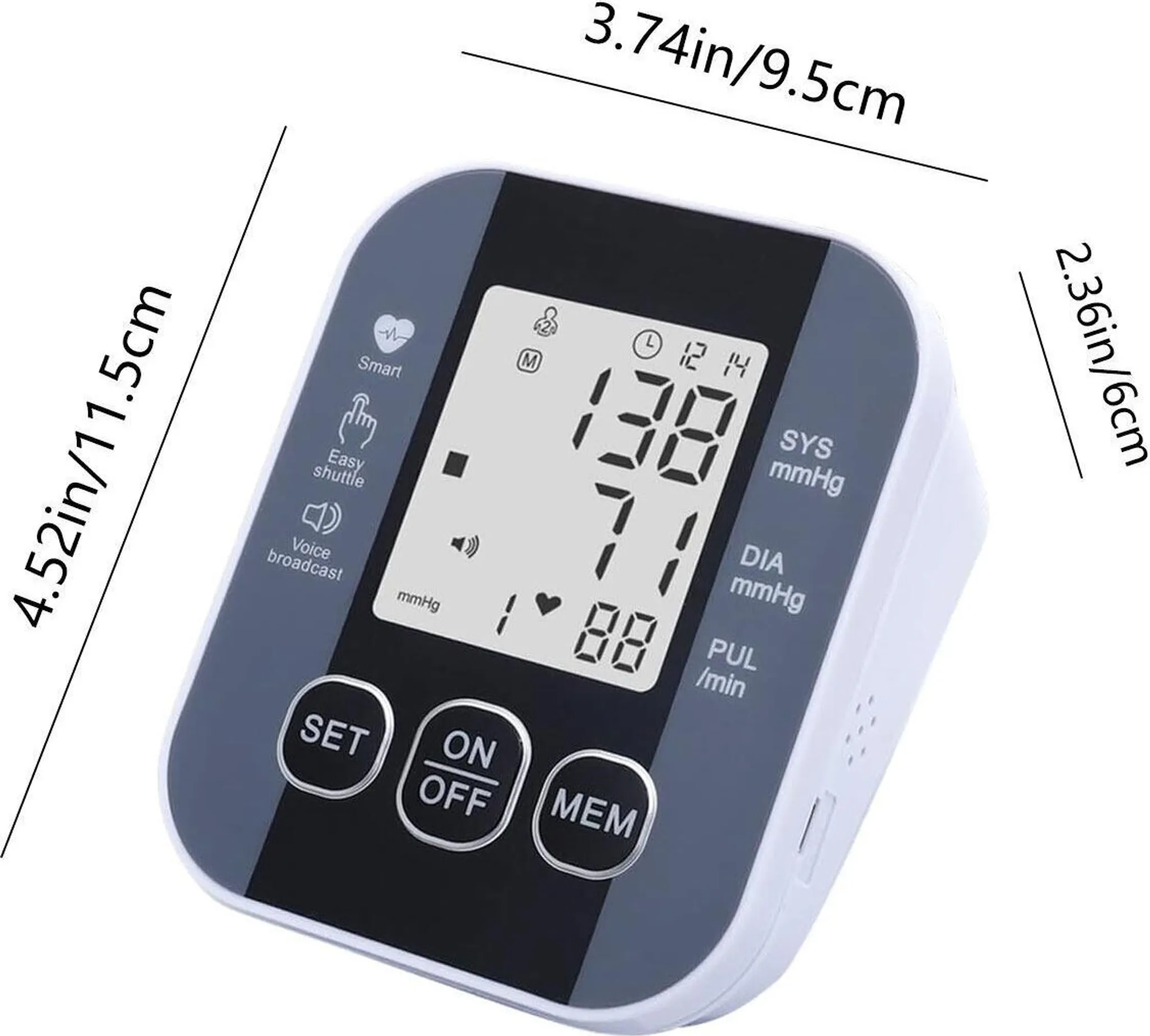 Digitales Blutdruckmessgerät mit LCD-Anzeige zeigt 138/71 an.