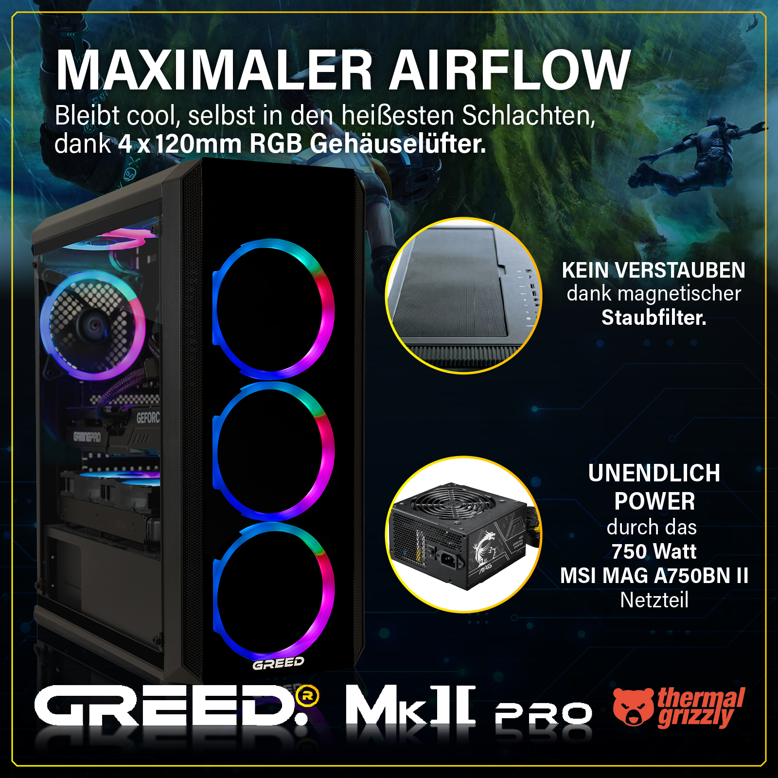 Obudowa PC z wentylatorami RGB, zasilaczem i filtrem przeciwkurzowym.