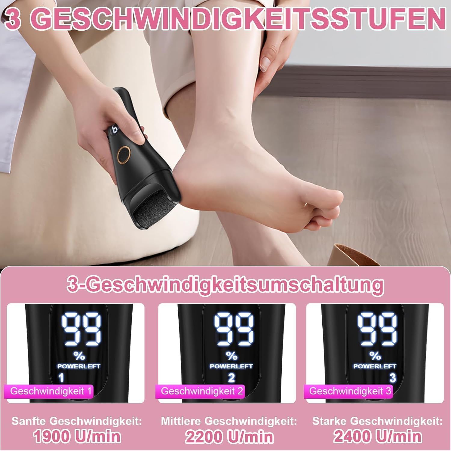 Ein elektrischer Hornhautentferner mit 3 Geschwindigkeitsstufen wird auf einem Fuß gezeigt.