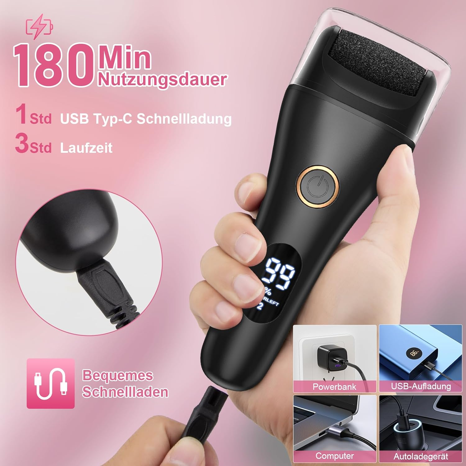 Schwarzer Hornhautentferner mit digitaler Anzeige, wird mit USB-C geladen.