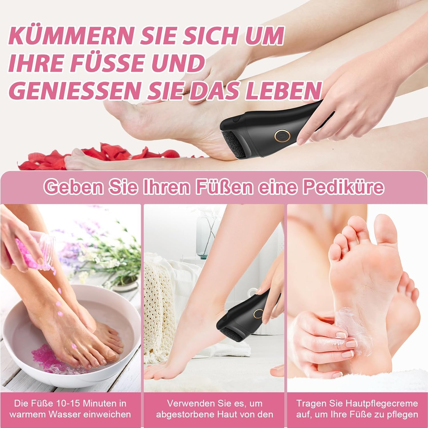 Füße in warmem Wasser einweichen, Hornhaut entfernen, Creme auftragen.