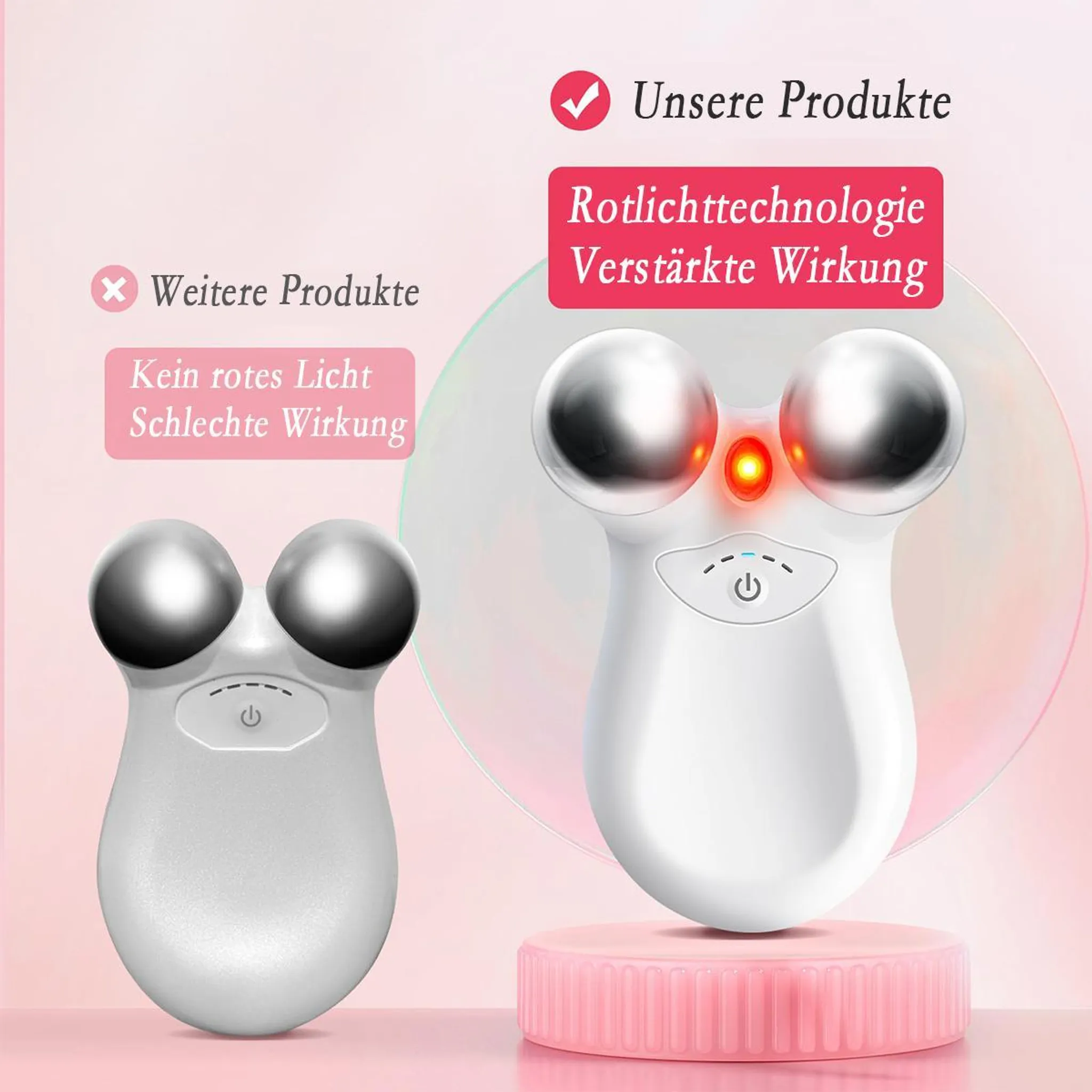 Zwei weiße Hautpflegegeräte mit Metallkugeln, eines mit rotem Licht.